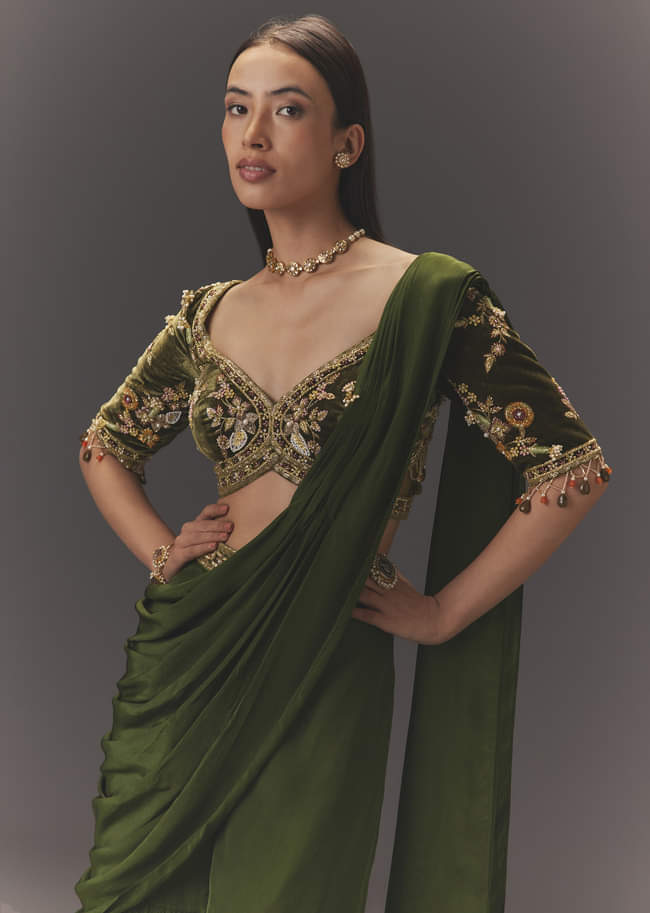 Seaweed Green Hand Embroidered Drape Pallu Style Sharara Set