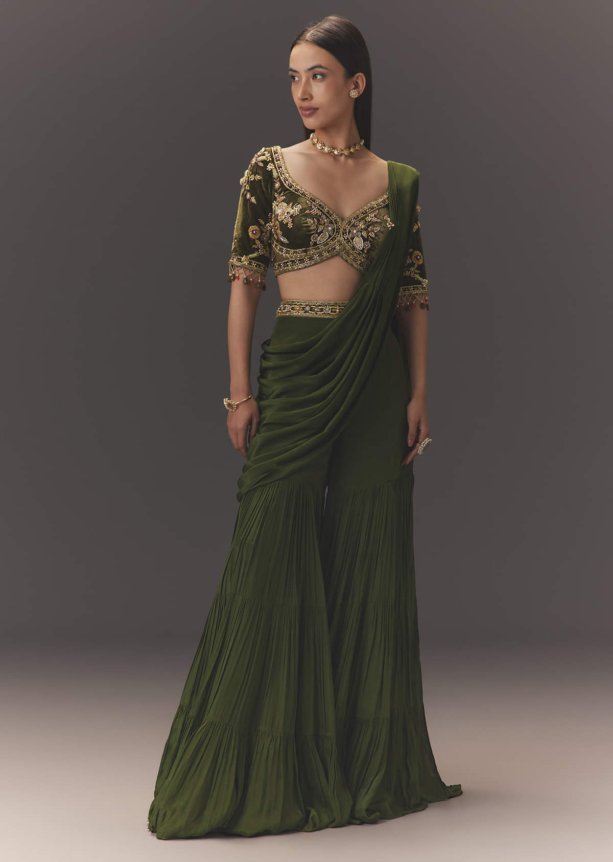Seaweed Green Hand Embroidered Drape Pallu Style Sharara Set