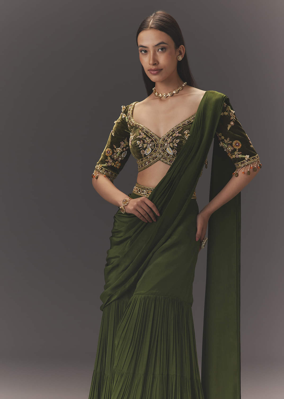 Seaweed Green Hand Embroidered Drape Pallu Style Sharara Set