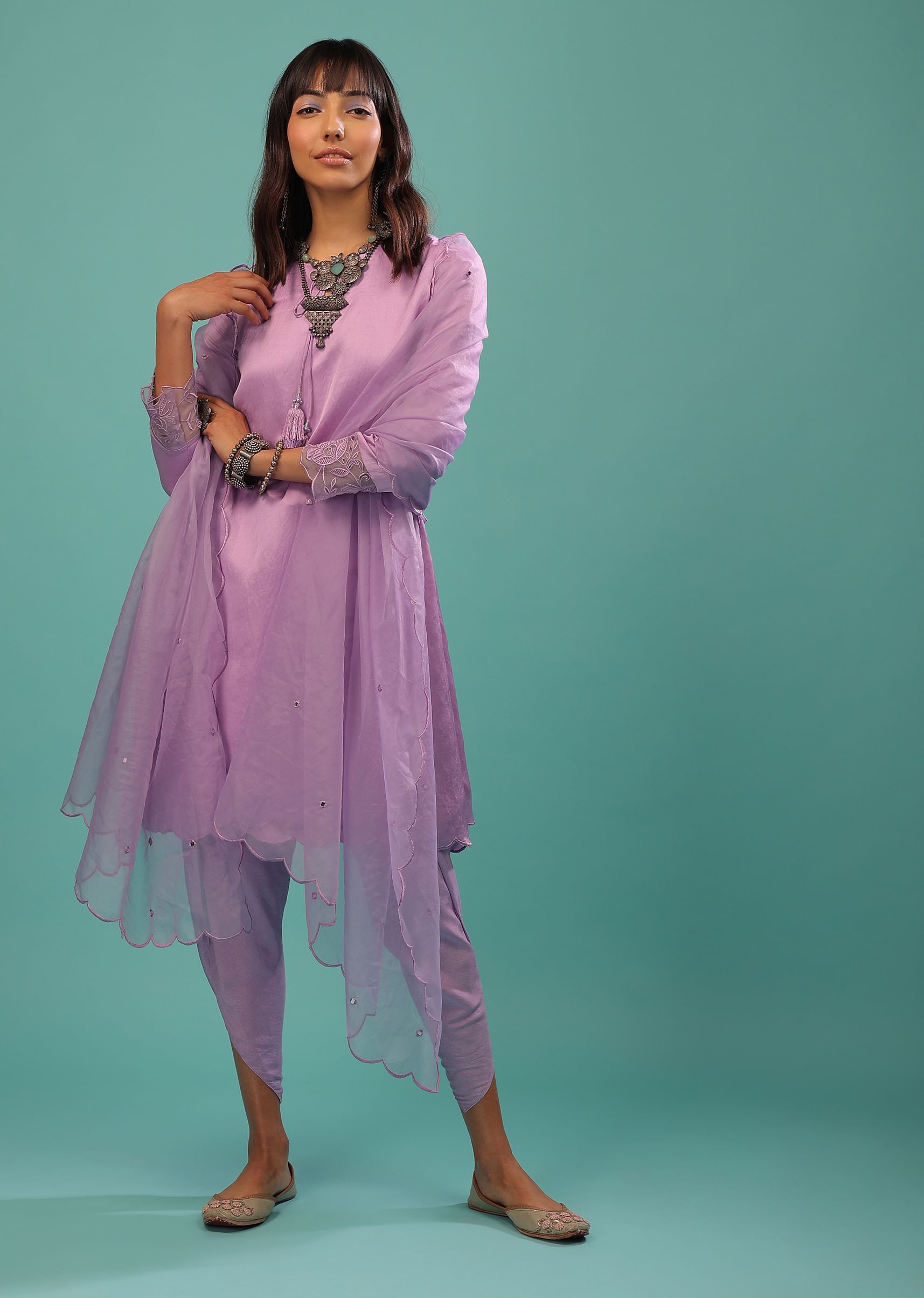 Buy Lavender Purple Linen Silk Dhoti Suit with Floral Embroidered Organza Cuffs Online in India