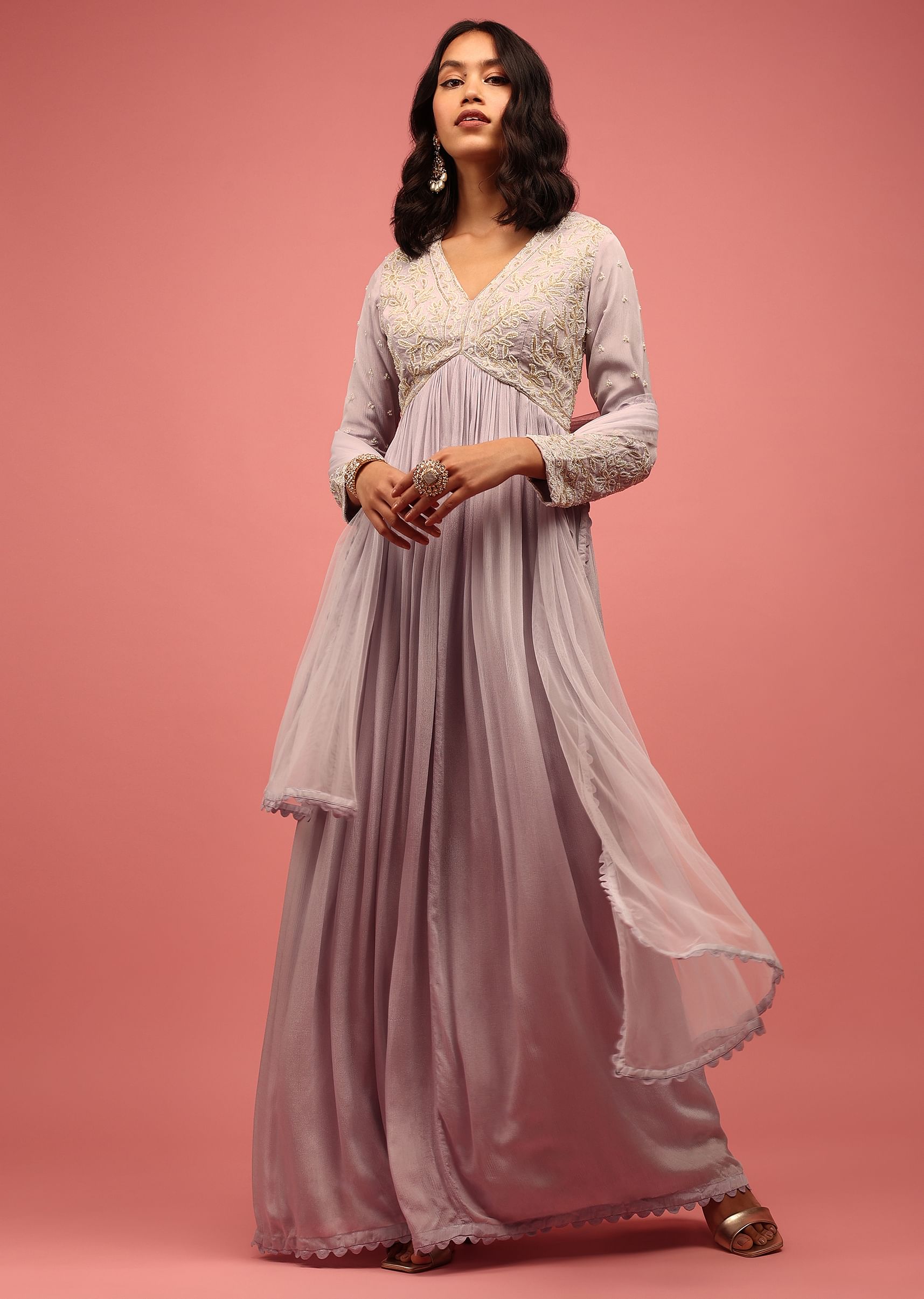 Buy Lilac Purple Embroidered Anarkali Suit In Chiffon