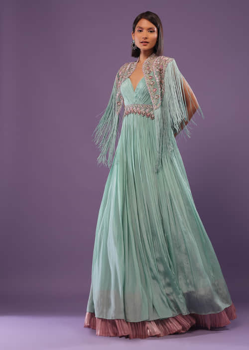 Buy Sea Green Embroidered Gown In Crepe