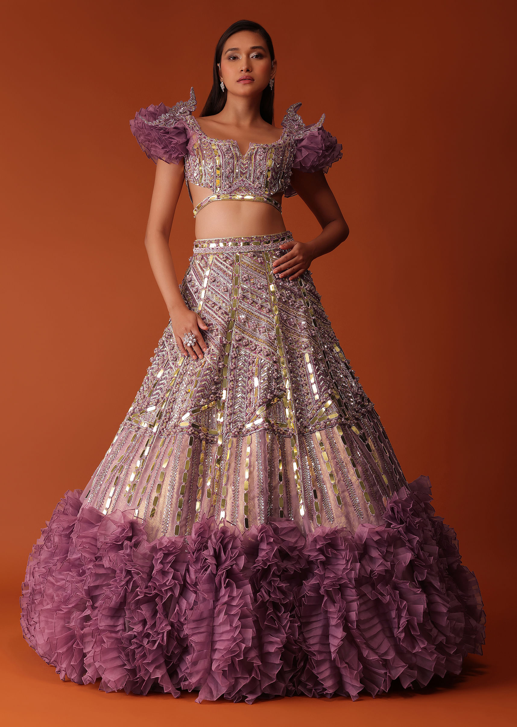 Buy Onion Pink Heavy Organza Lehenga With Metal Work