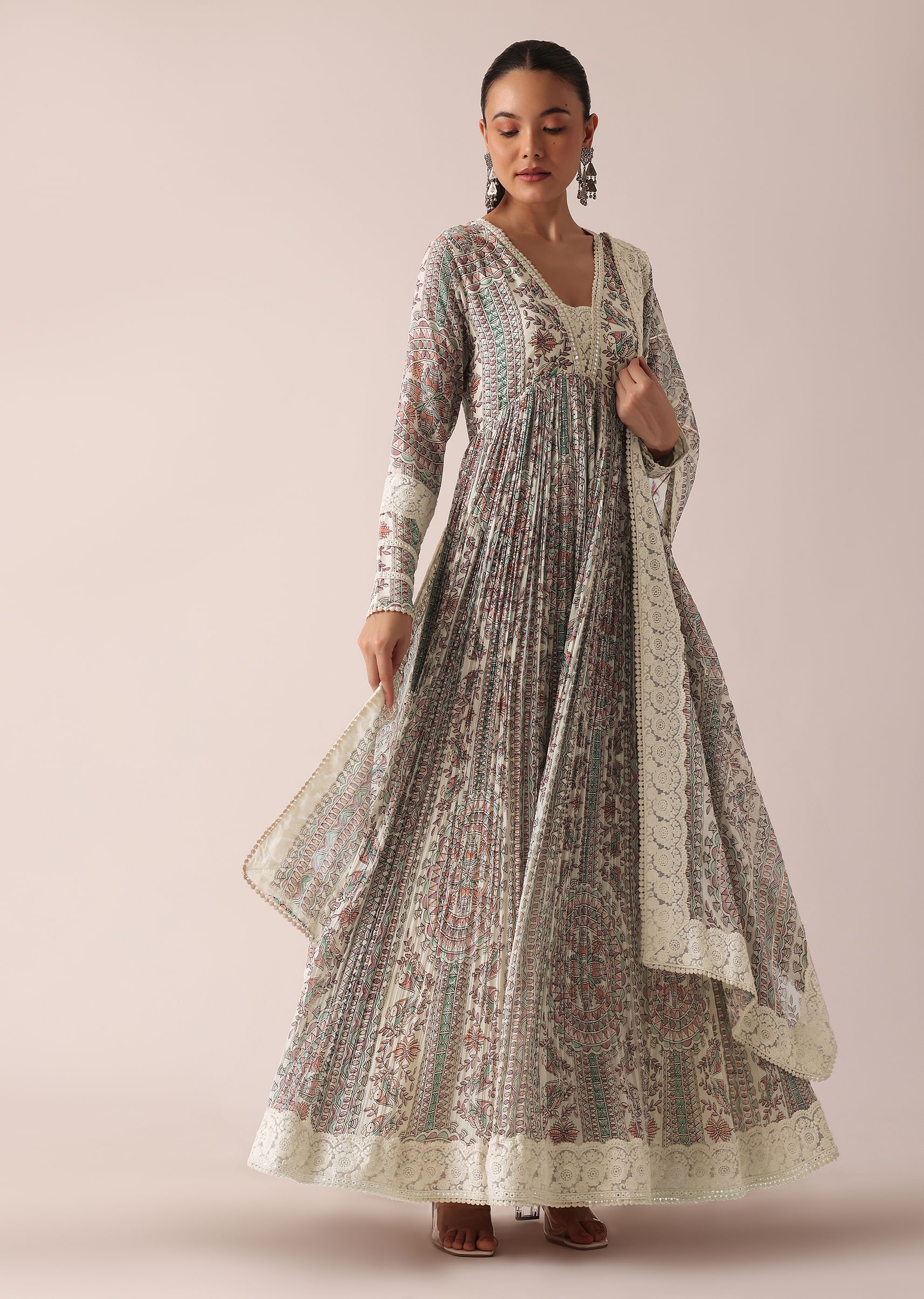 Buy White Anarkali Set In Georgette With Chikankari Lace KALKI Fashion Global