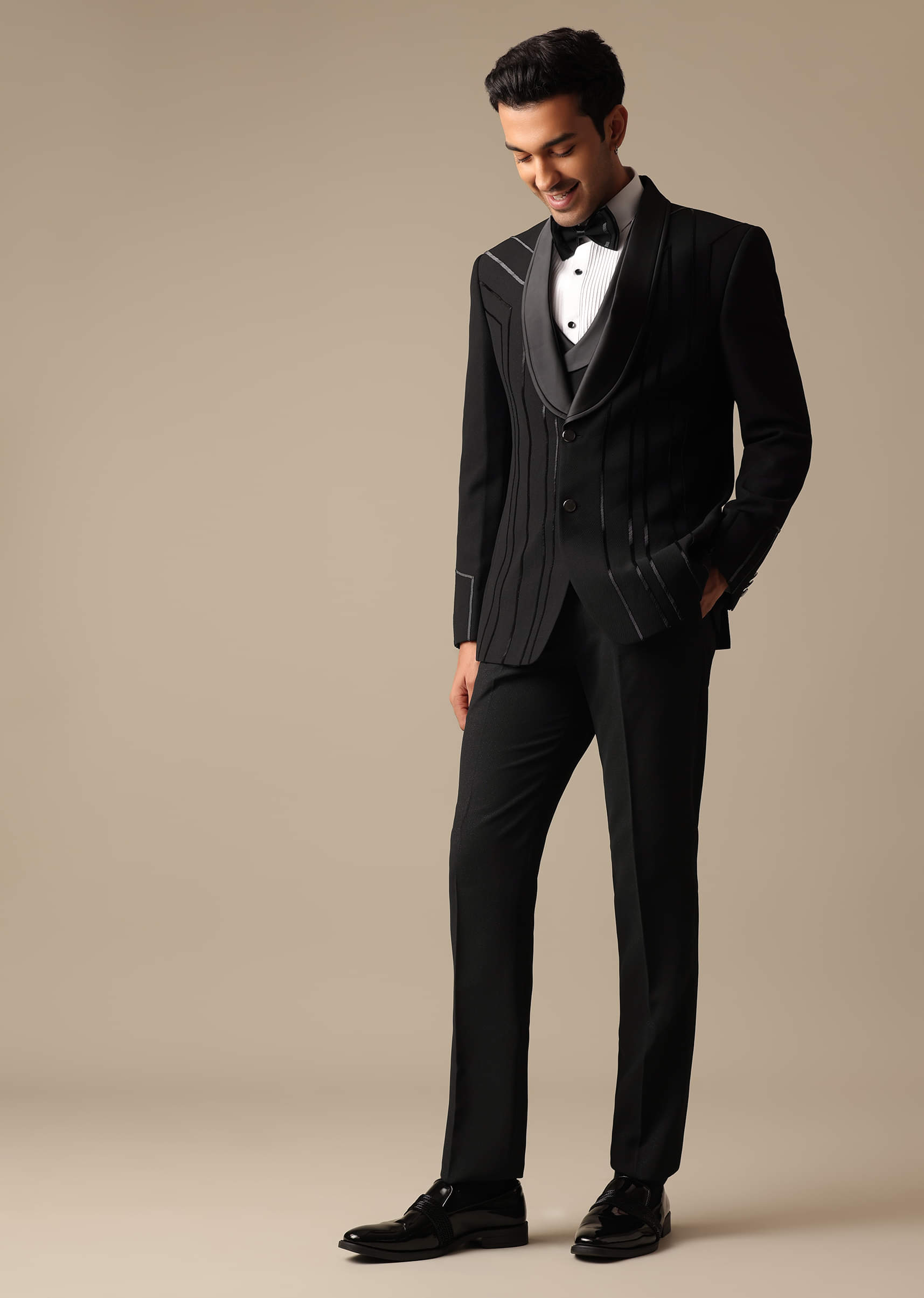 Buy Black Tuxedo Set With Cutwork Detail | KALKI Fashion Global