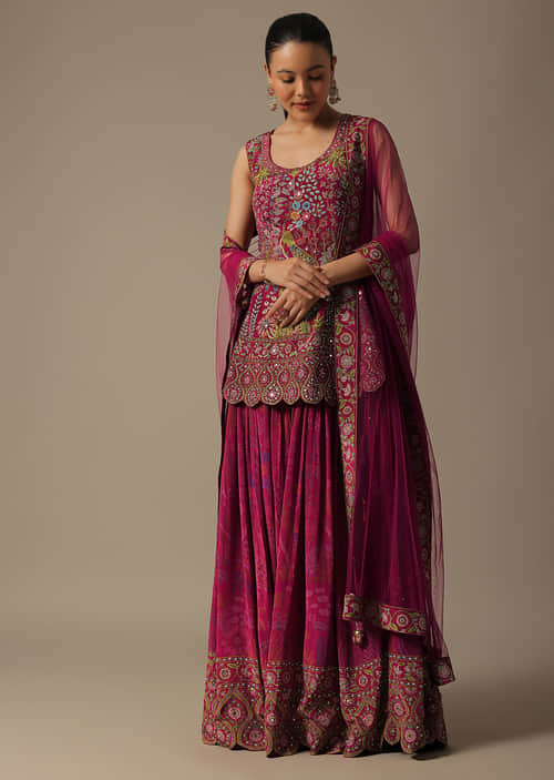 Buy Pink Silk Palazzo Set With Mirror Work