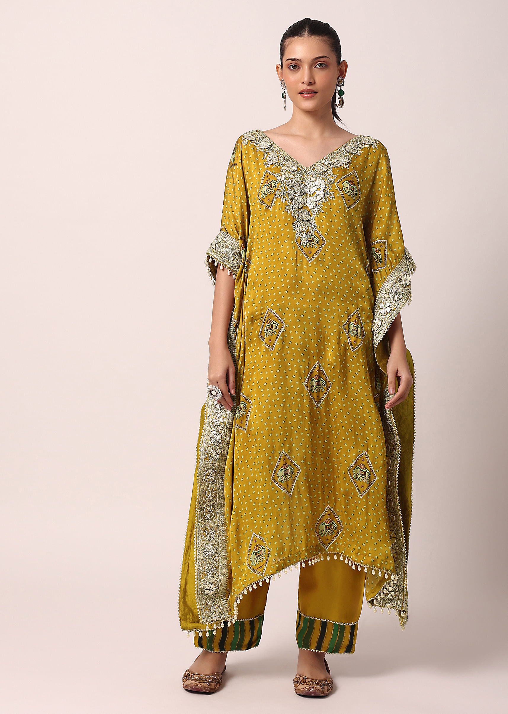 Buy Yellow Crepe Pant Set with Gota Work Kaftan Kurta Online in India