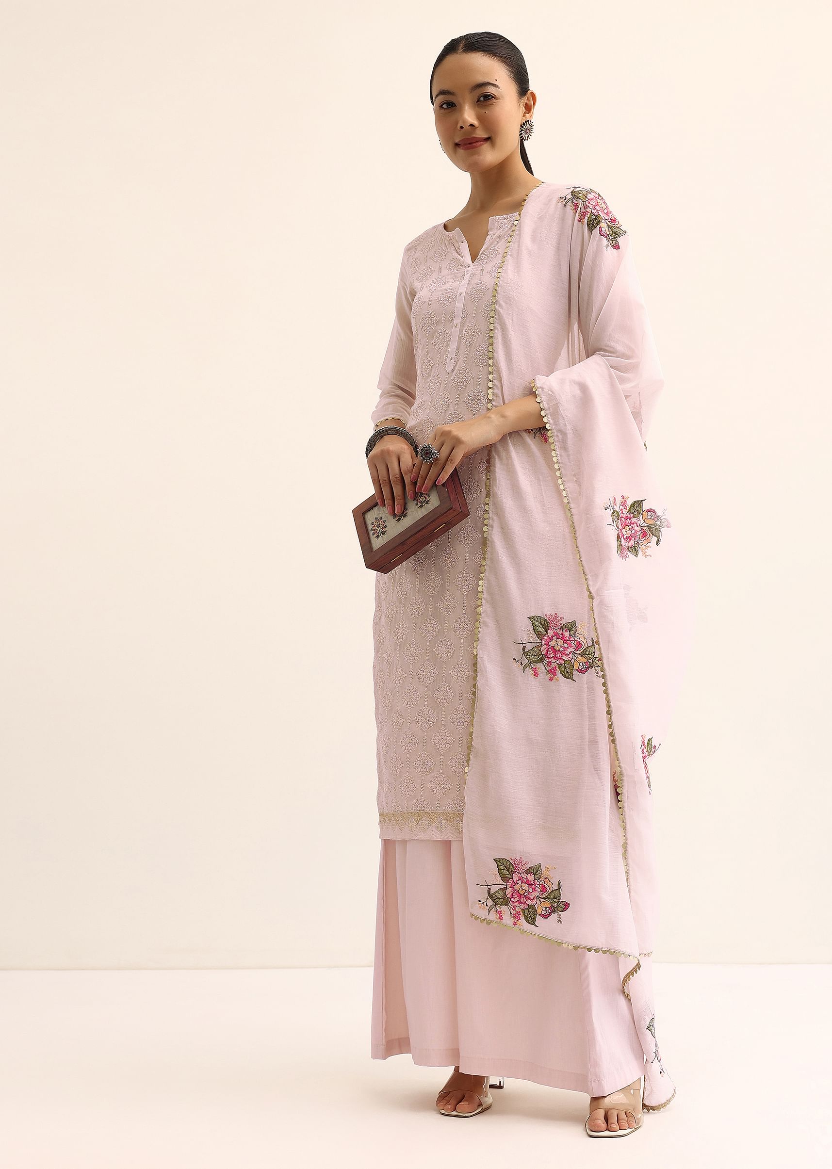 Buy Pink Chanderi Kurta Palazzo Set Stitched Dress Material Online in India