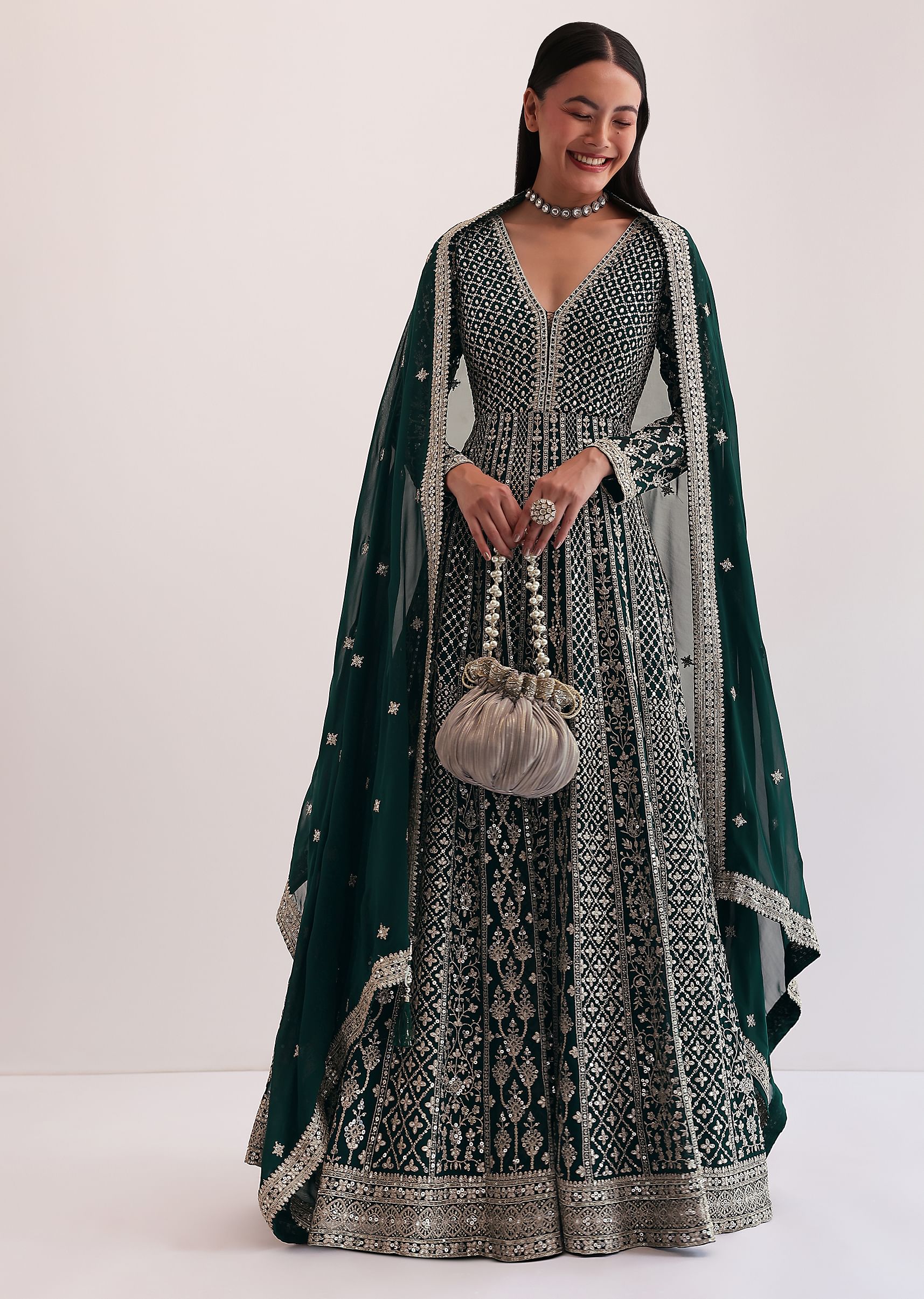 Buy Dark Green Embroidered Anarkali Set KALKI Fashion India