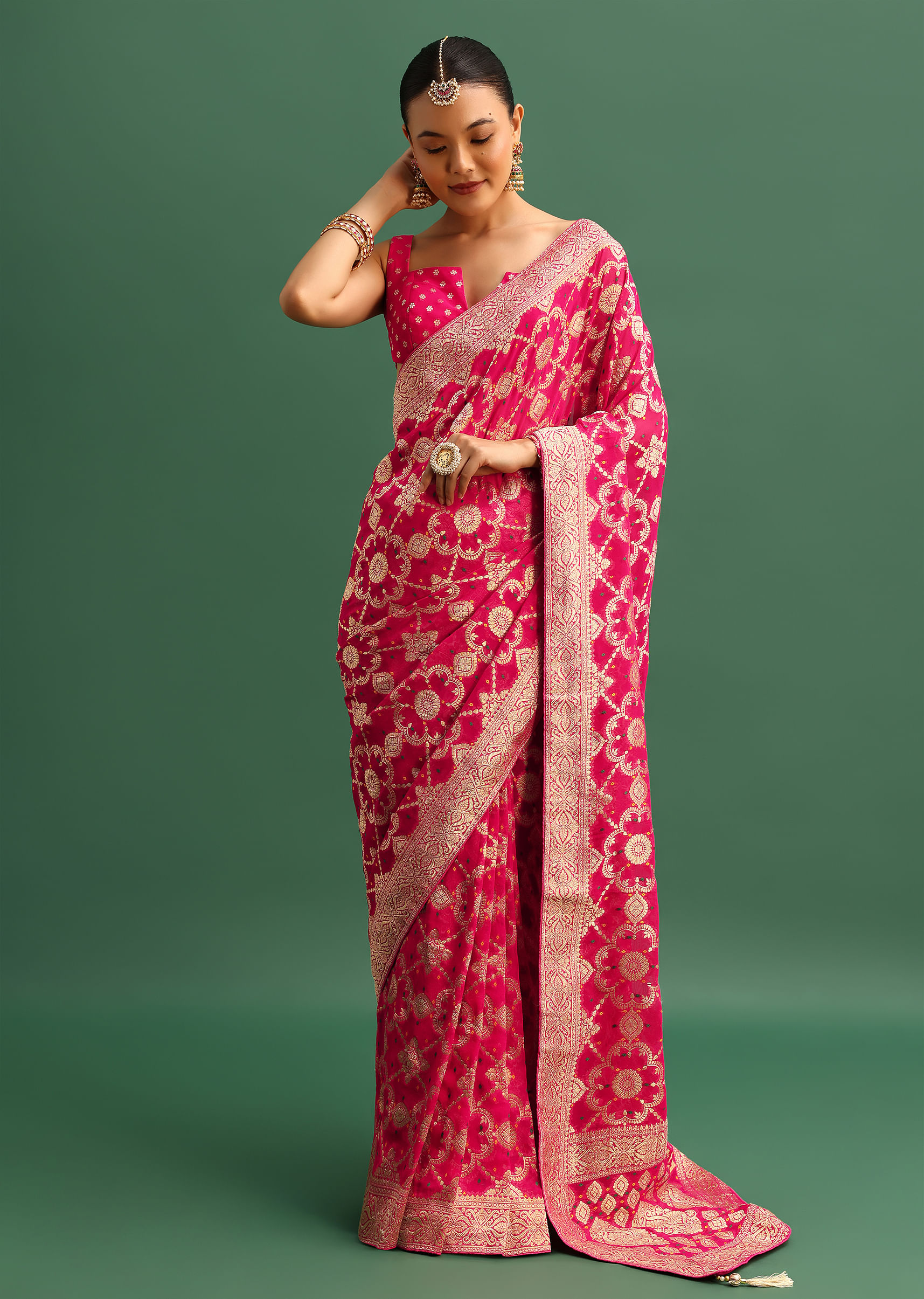 Pink red Exclusive Beautiful Banarsi Pure Chiffon Khaddi Weaves Silk Saree With Unstitched Running Blouse newest Women wedding Wear Party Wear Sari