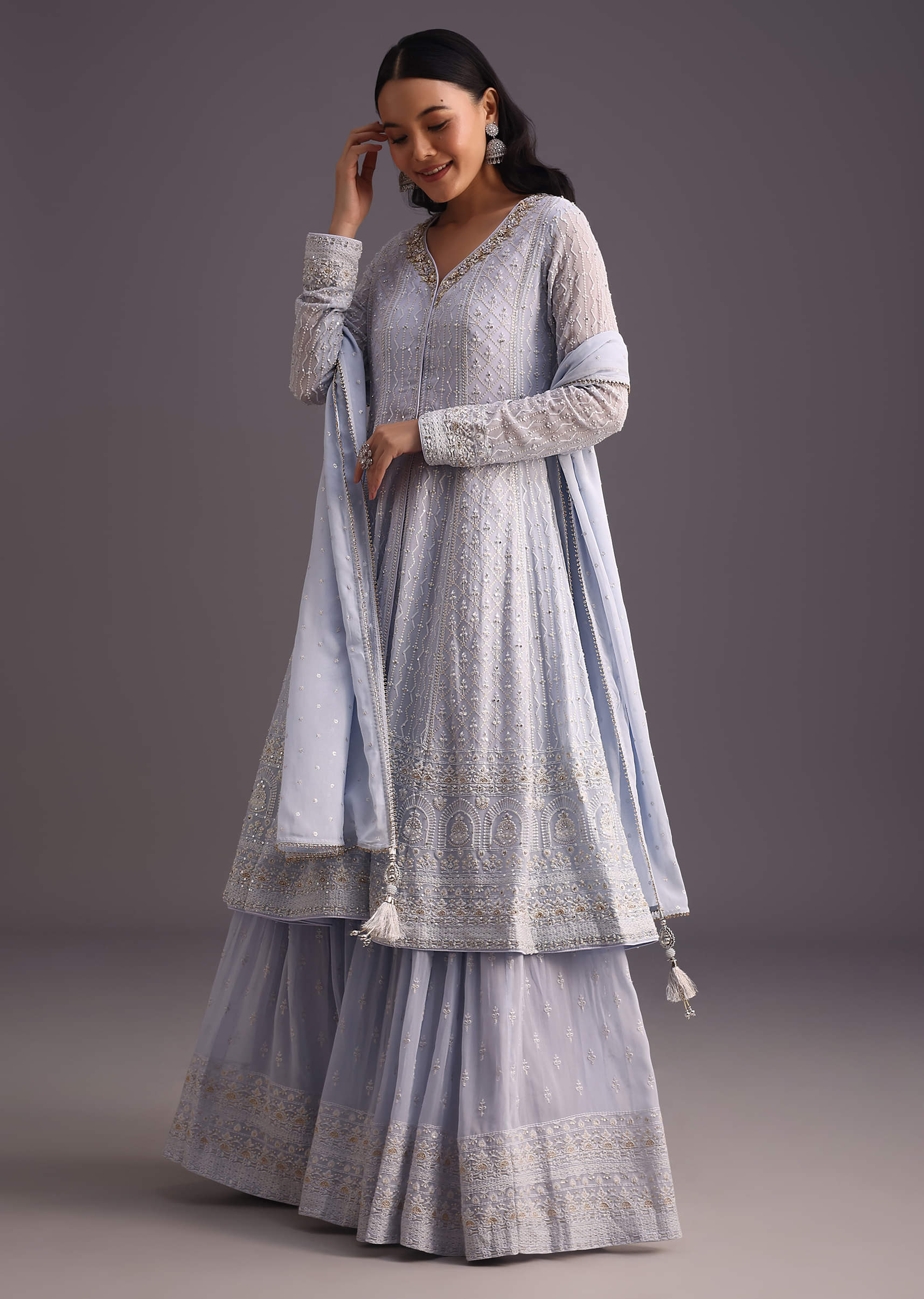 Buy Powder Blue Embroidered Kurti With Banarasi Weave Skirt