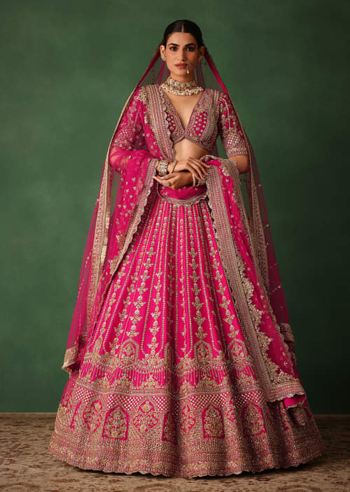 Buy Rani Pink Hand Embroidered Lehenga With Blouse And Dupatta