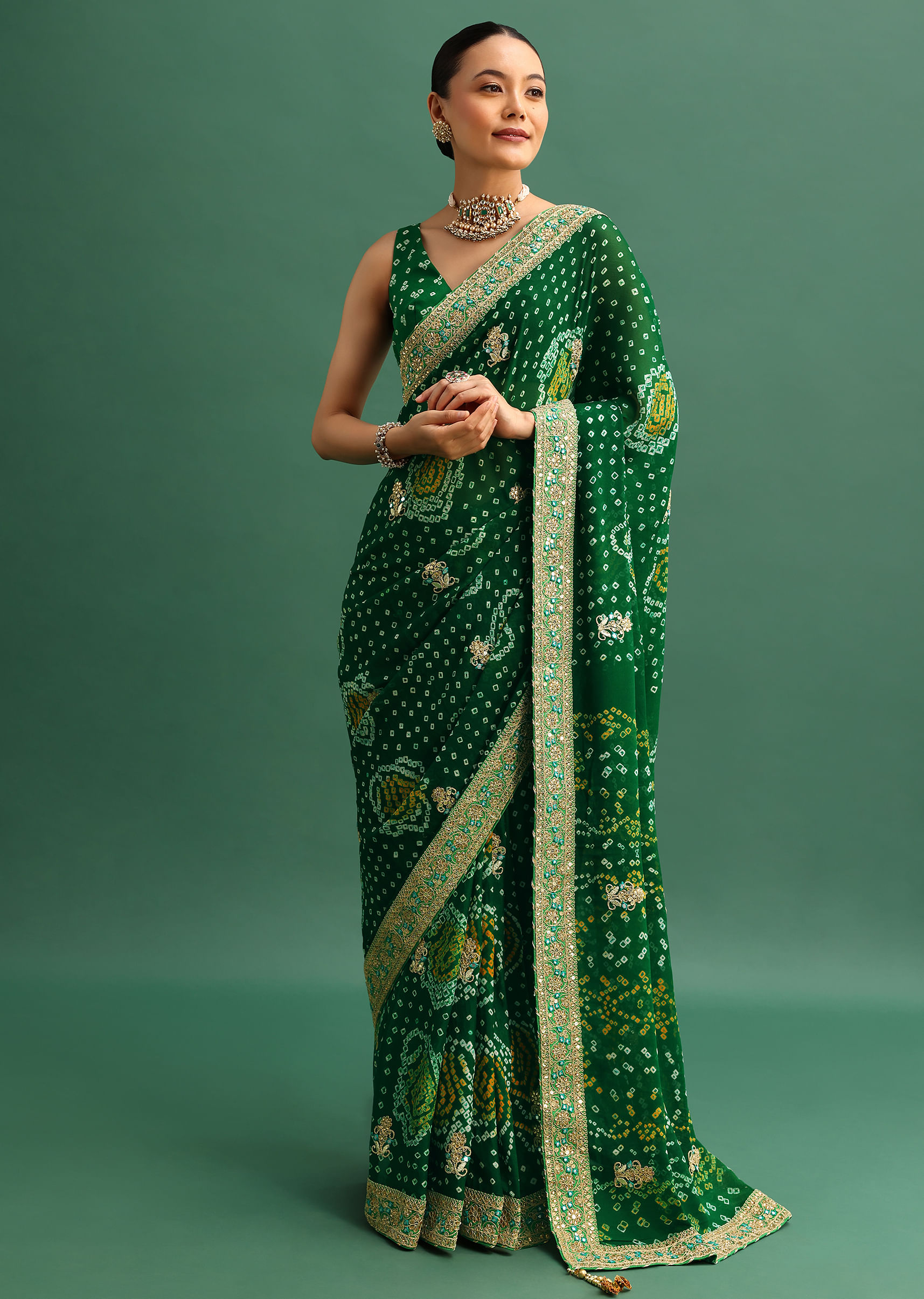 Designer Indian wedding party wear Georgette Bandhani Print Saree with Beautiful Gota Sequence Work Lace Border & Piping outlets Border in Saree