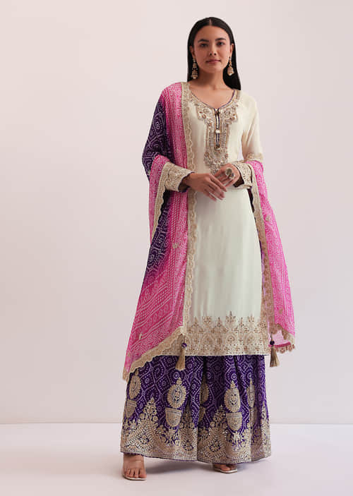 Buy White And Purple Palazzo Set With Pink Dupatta