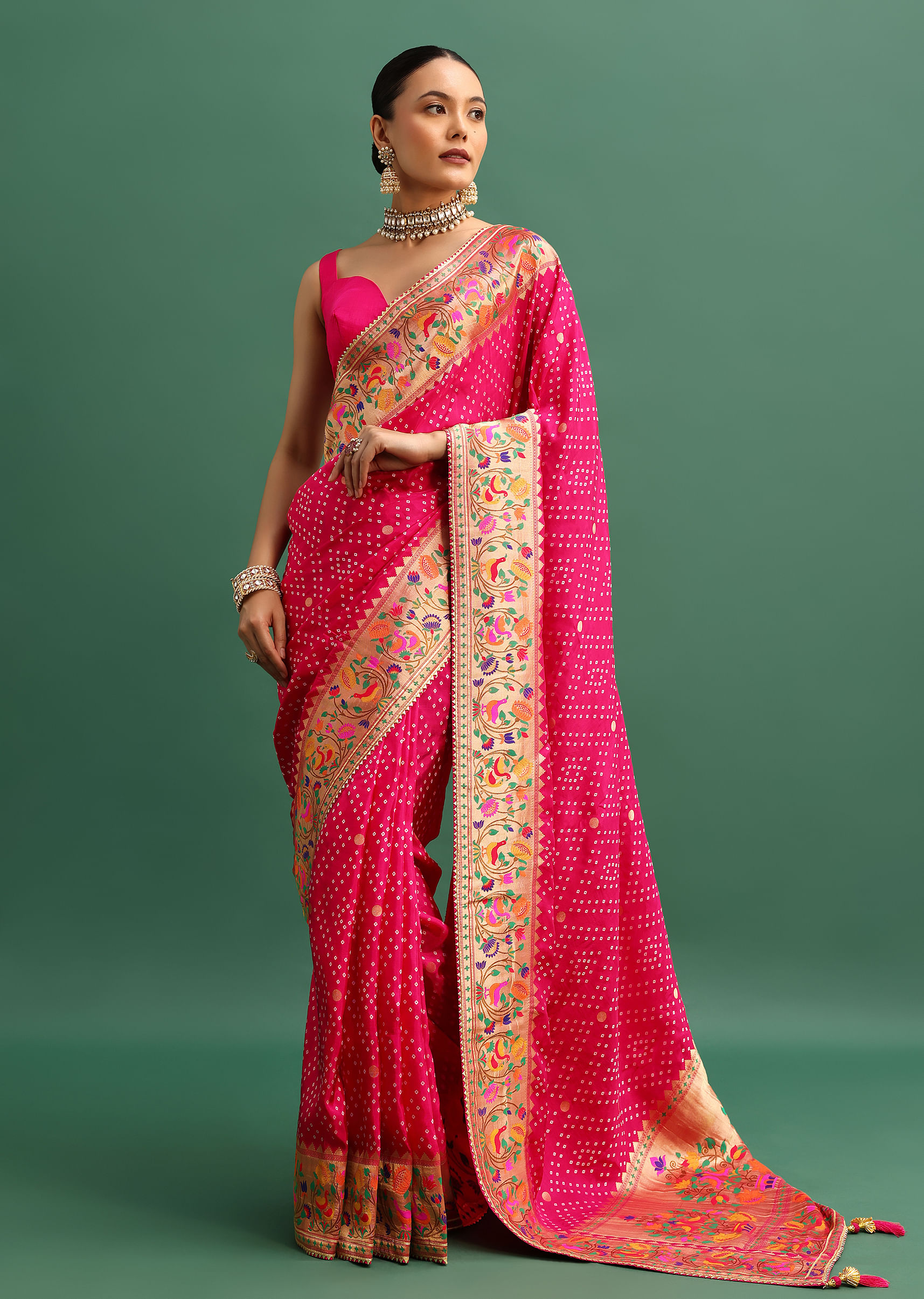 Neon Pink Embroidered Silk Saree with Red and store Gold Border