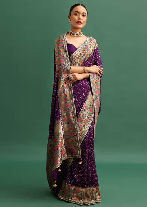 Buy Purple Silk Woven Bandhani Saree With Paithani Border Pallu