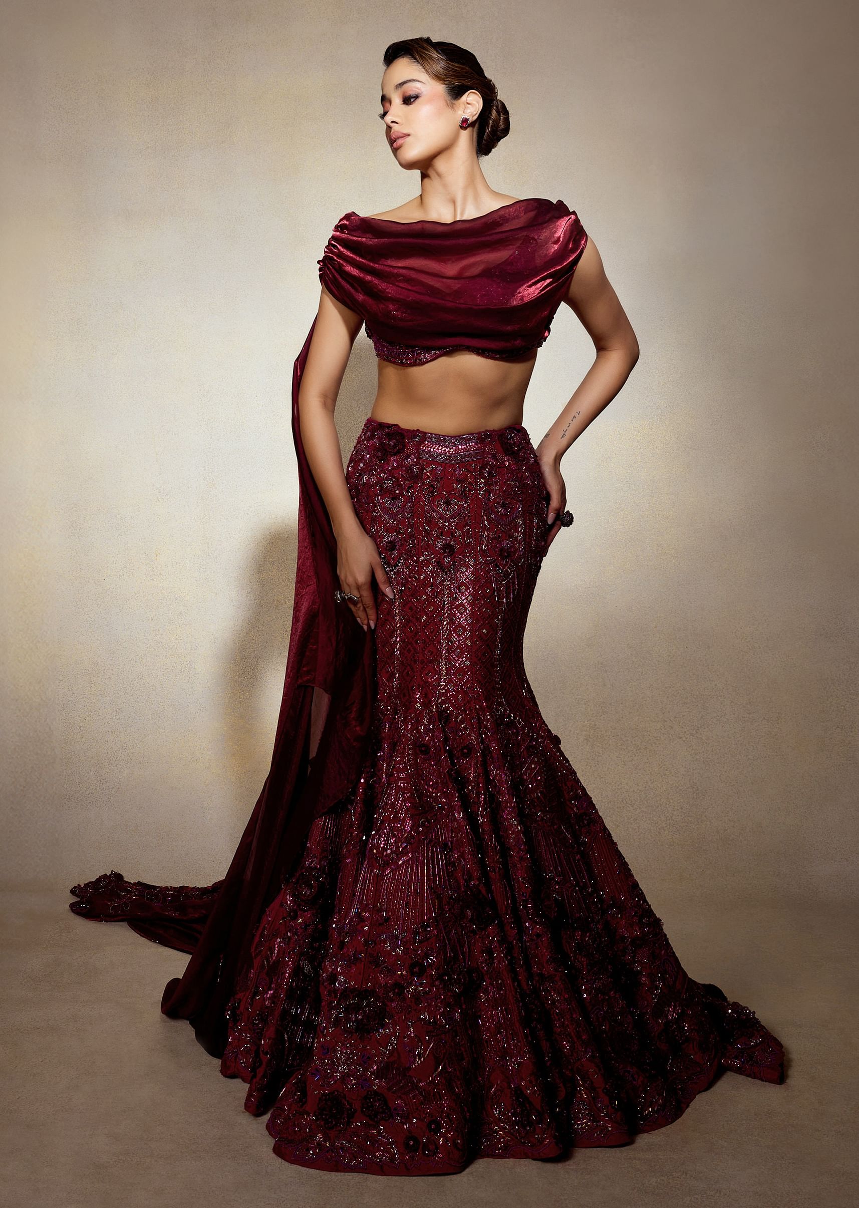 Buy Janvhi Kapoor in our Fish Cut Jewel Lehenga With Draped Trail Blouse KALKI Fashion Global