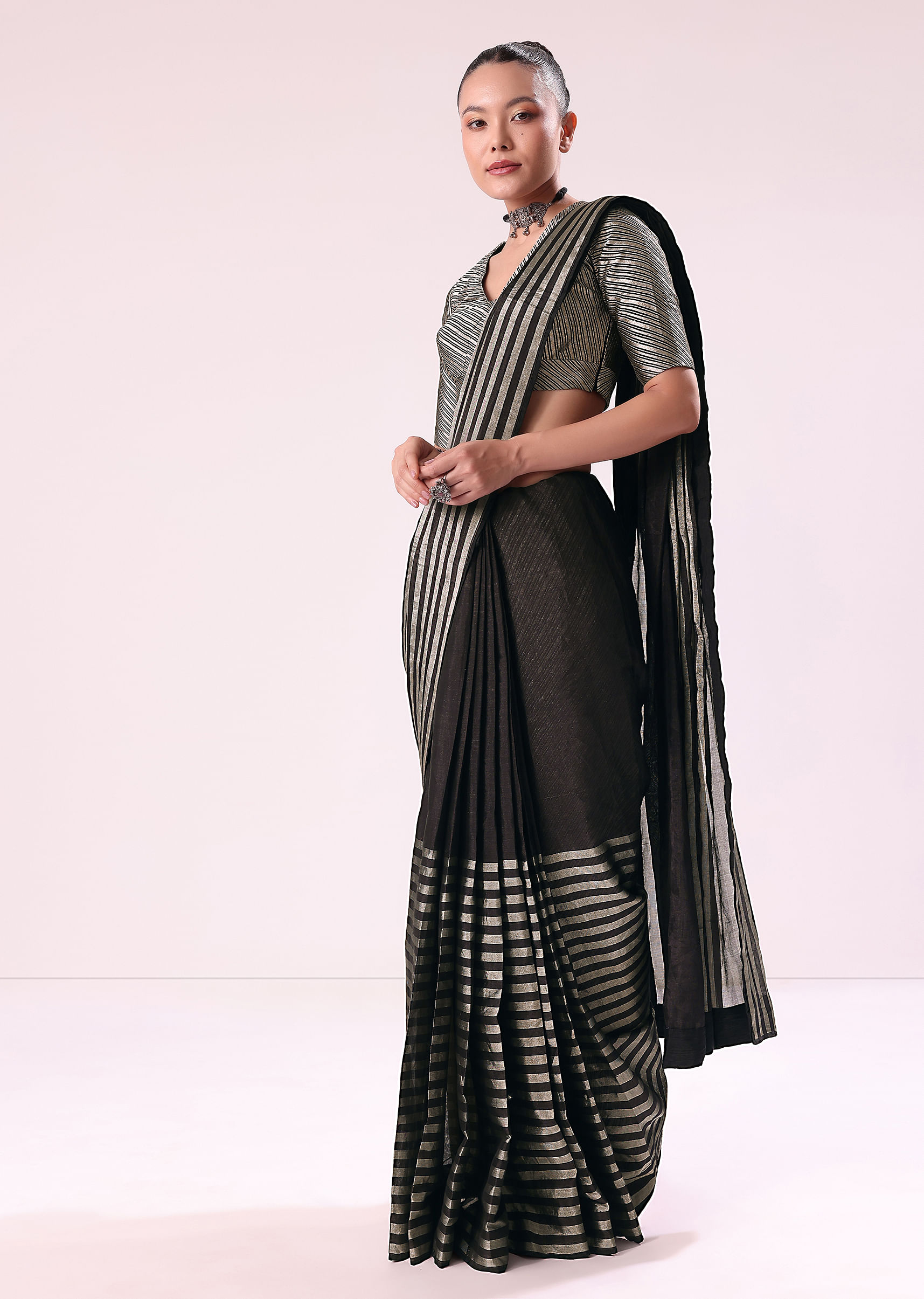 Traditional Black Beauty Chanderi Cotton Saree Complemented with selling Stitched Blouse Size 38 extends to 44 !!! Ready To Wear !!!