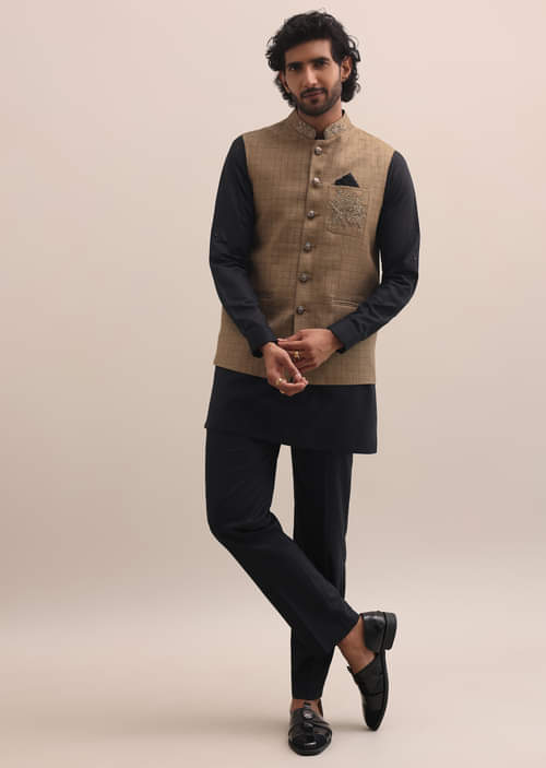 Buy Black And Brown Embroidered Silk Kurta Jacket Set For Men