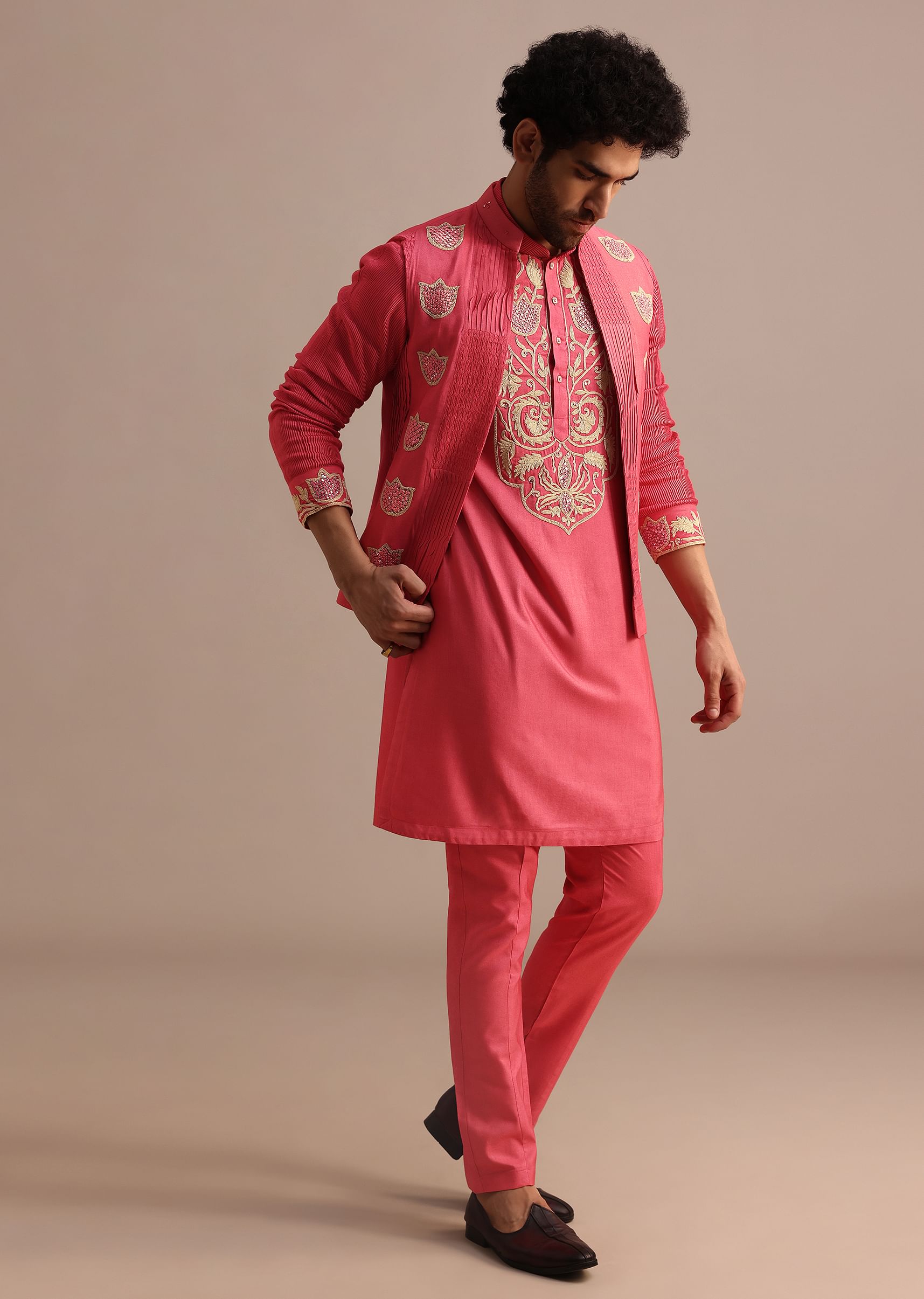 Buy Dark Pink Embroidered Silk Kurta Jacket Set For Men