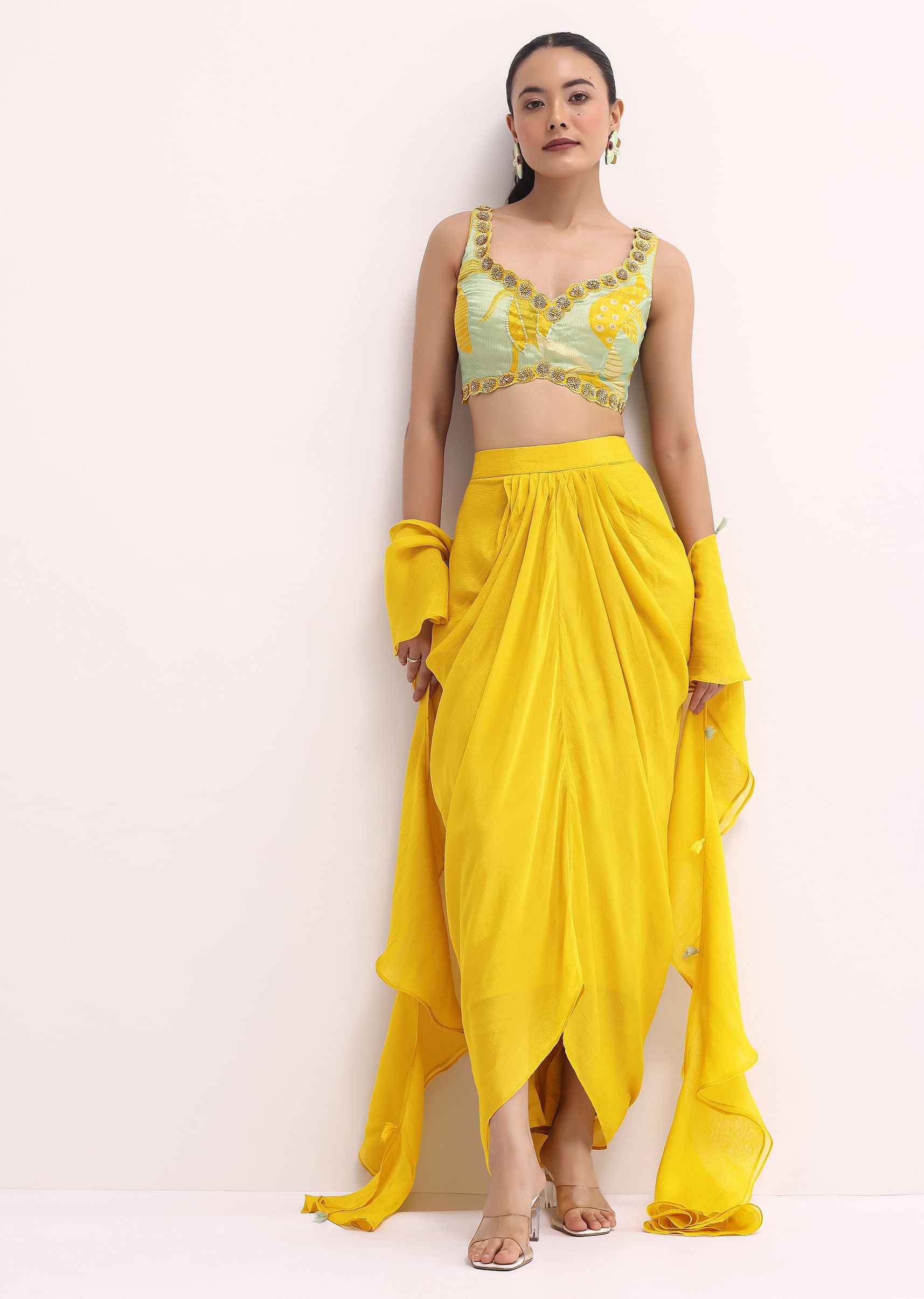 Buy Yellow Chiffon Crop Top And Skirt Set KALKI Fashion India