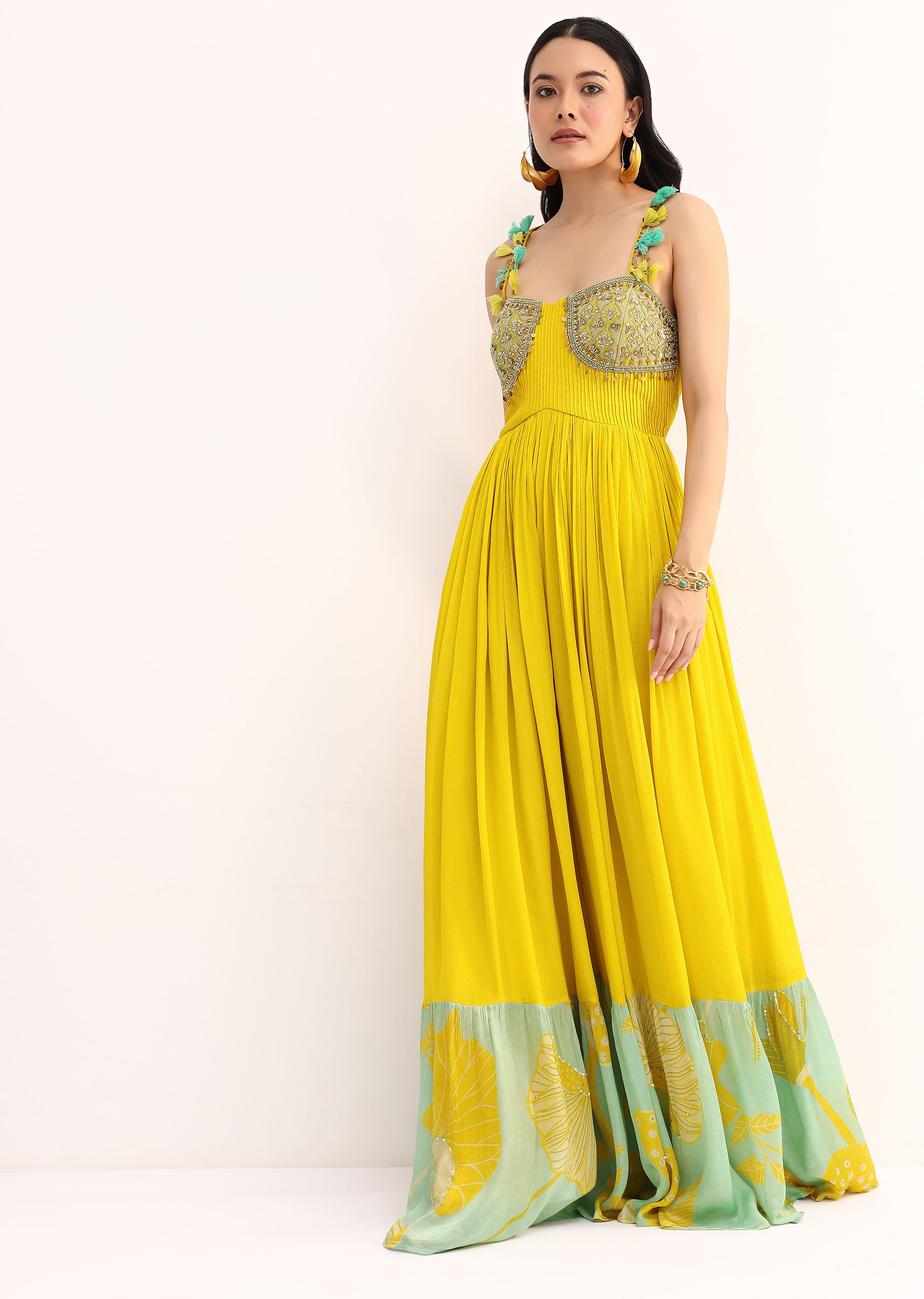 Buy Yellow Embroidered Chiffon Jumpsuit KALKI Fashion India