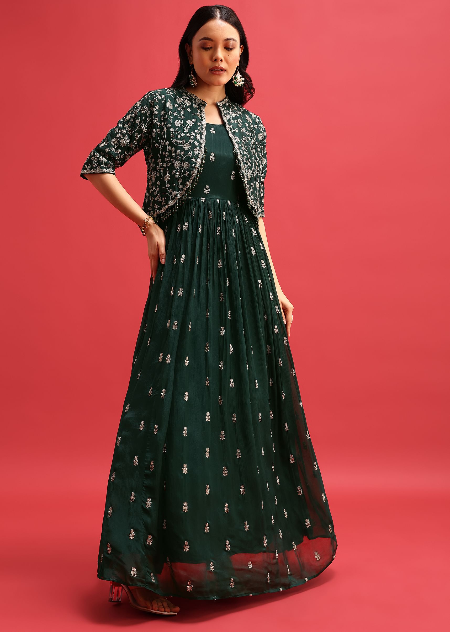 Buy Green Chinon Butti Gown With Sequins Work Jacket KALKI Fashion India