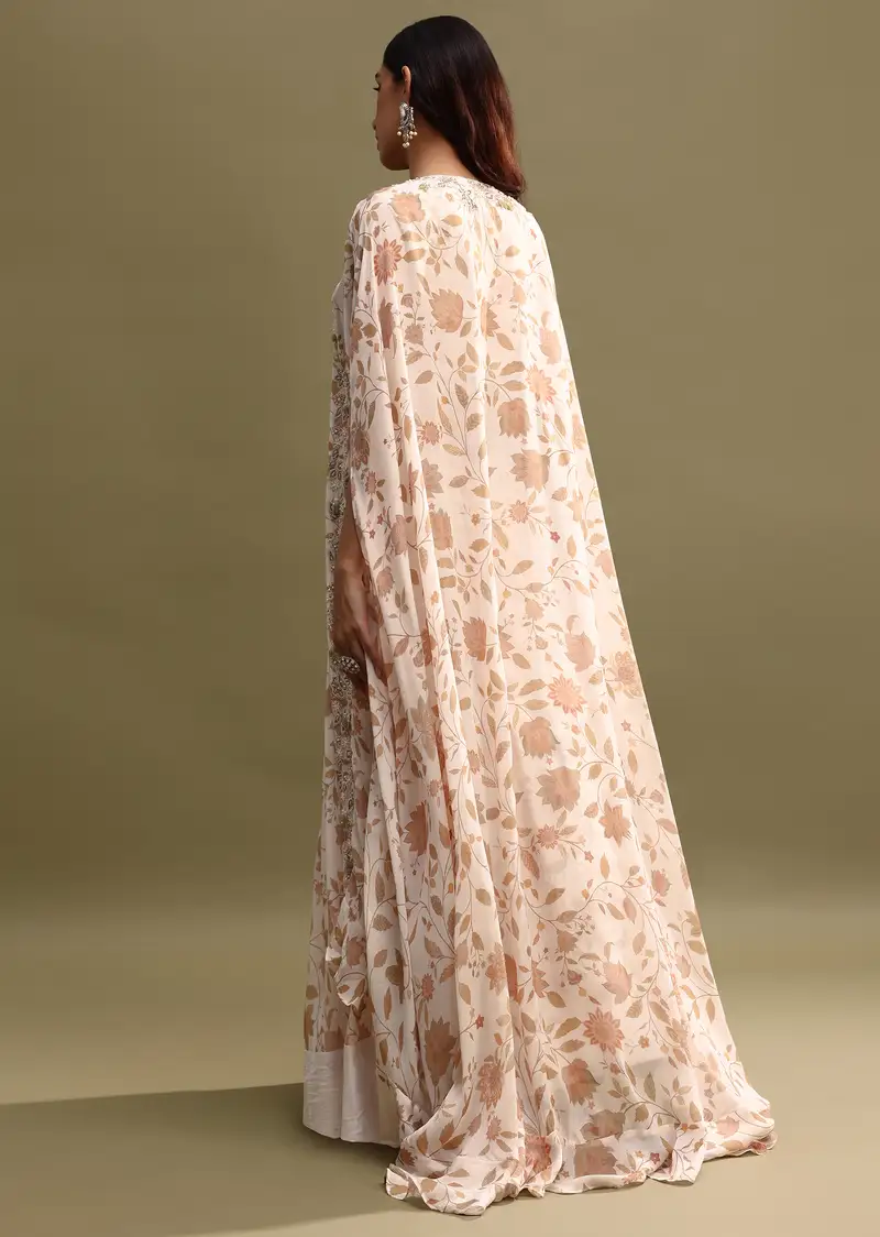 Off White Printed Chiffon Lehenga Choli Set