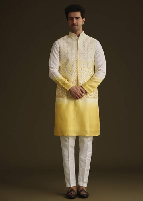 Buy Yellow Ombre Silk Kurta Set With Dori Work Embroidered Jacket