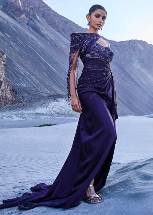 Buy Violet Satin Embroidered Gown With One Shoulder Sash KALKI - Main Image