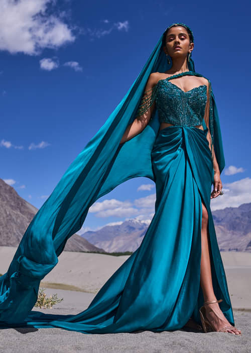 Buy Peacock Green Embroidered Satin Gown With Sweetheart Neckline