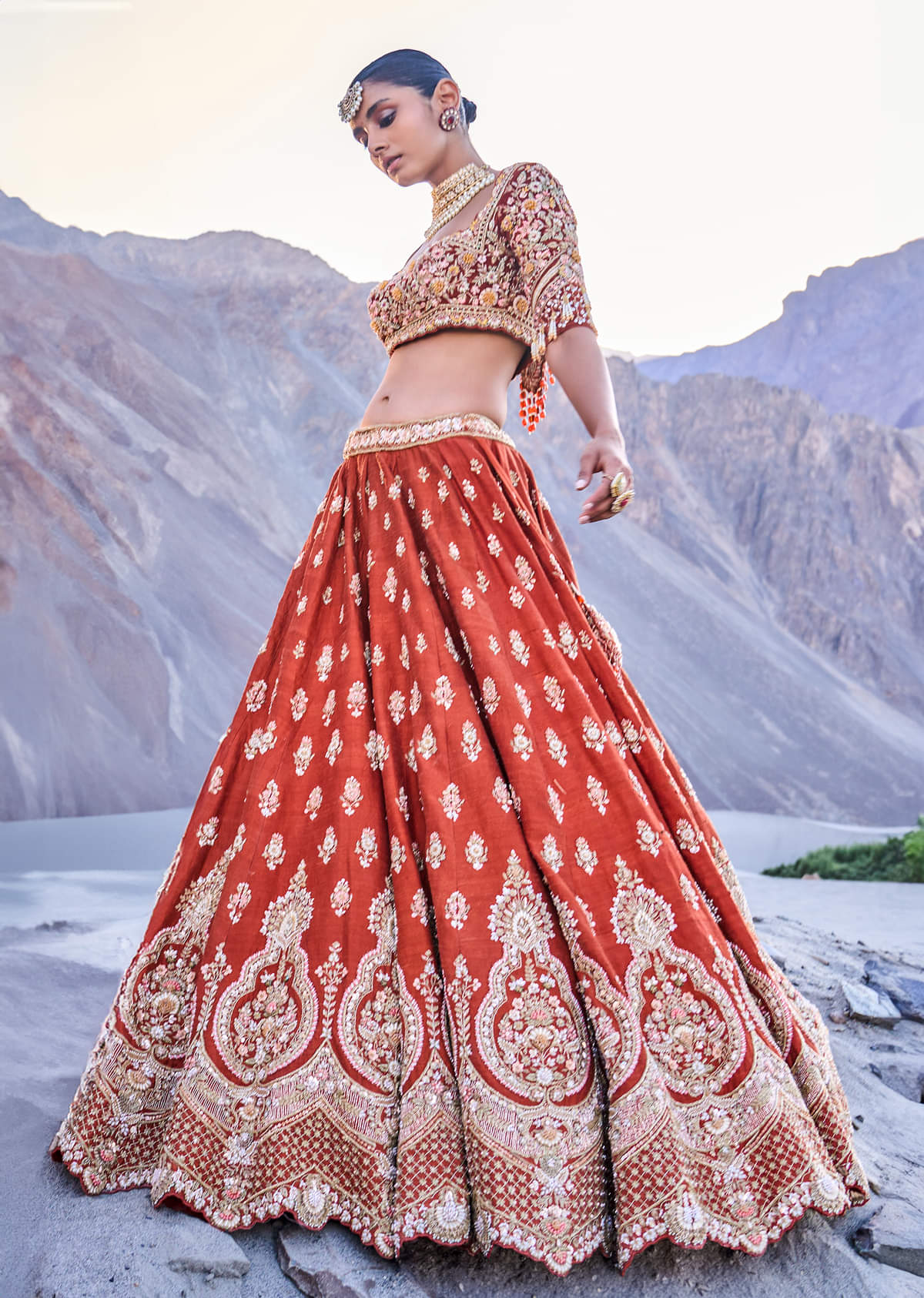 Burnt Orange Embroidered Silk Lehenga With Two Dupattas