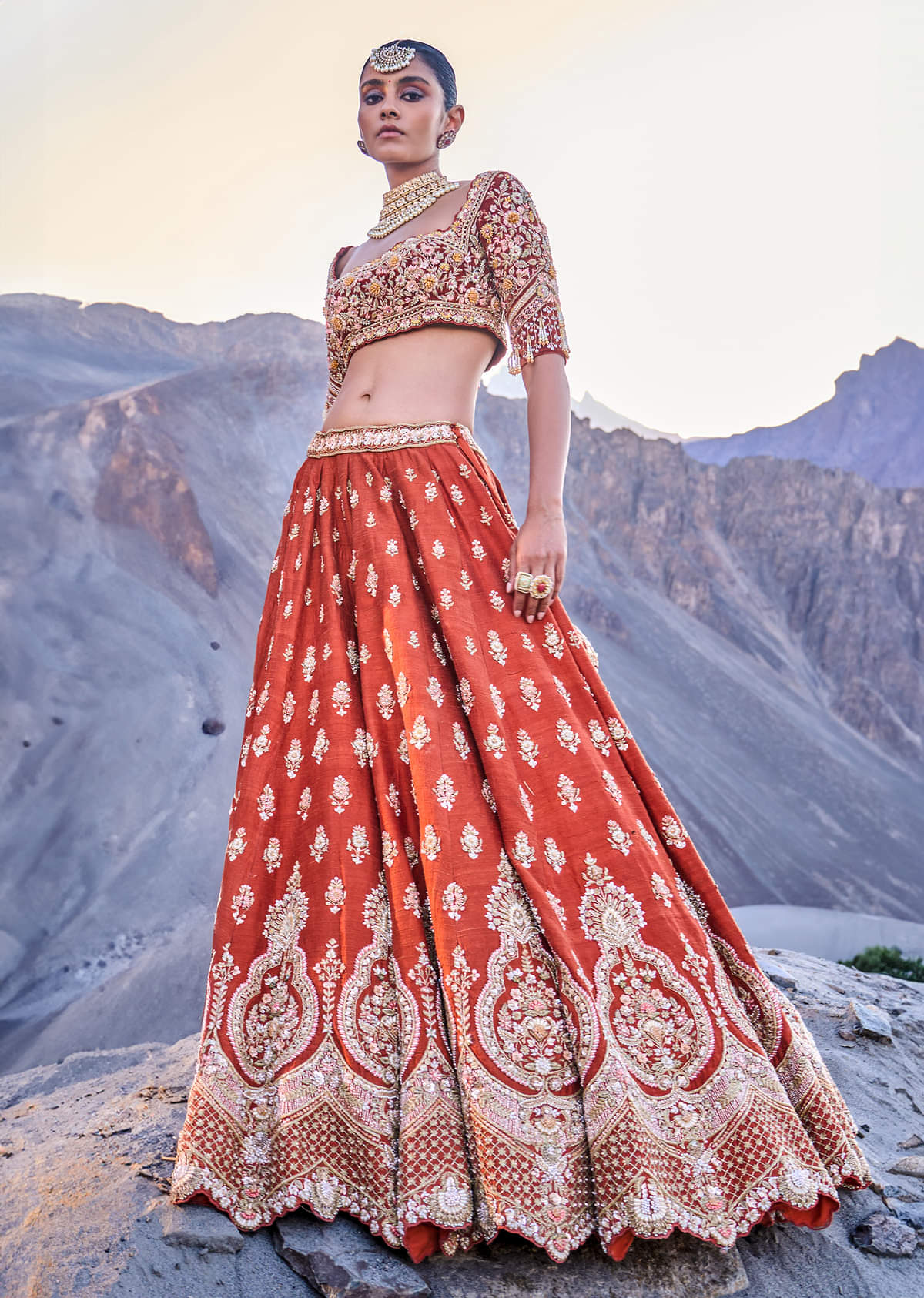 Burnt Orange Embroidered Silk Lehenga With Two Dupattas