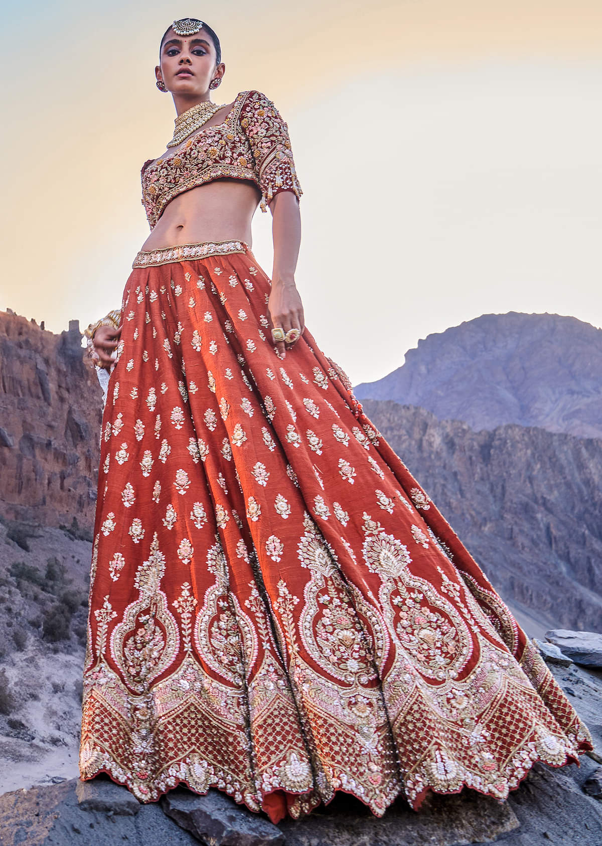 Burnt Orange Embroidered Silk Lehenga With Two Dupattas