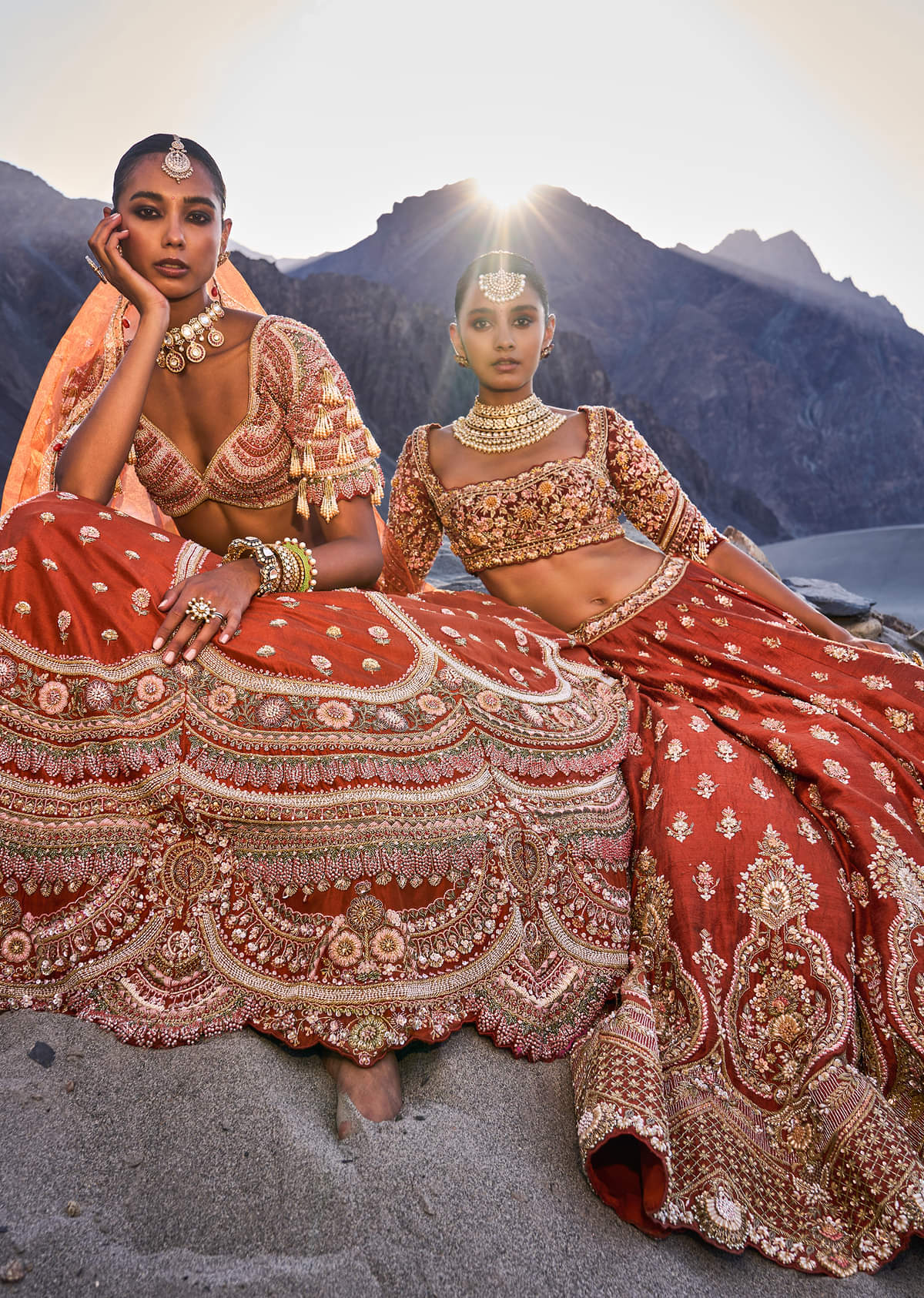 Burnt Orange Embroidered Silk Lehenga With Two Dupattas