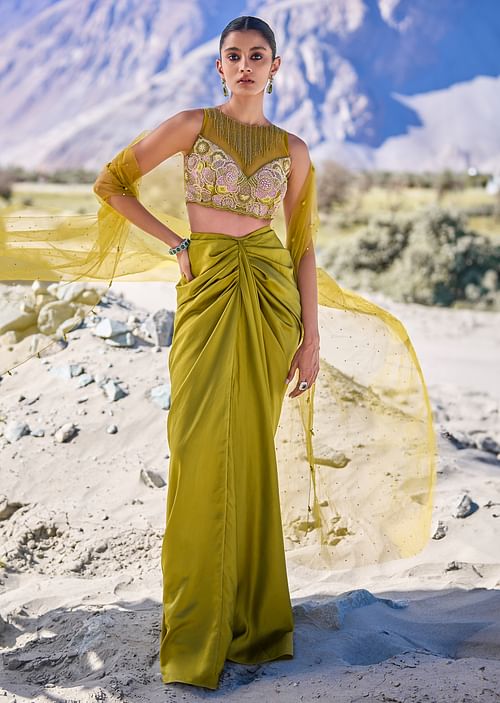 Buy Green Satin Drape Skirt With Embroidered Blouse And Net Cape 