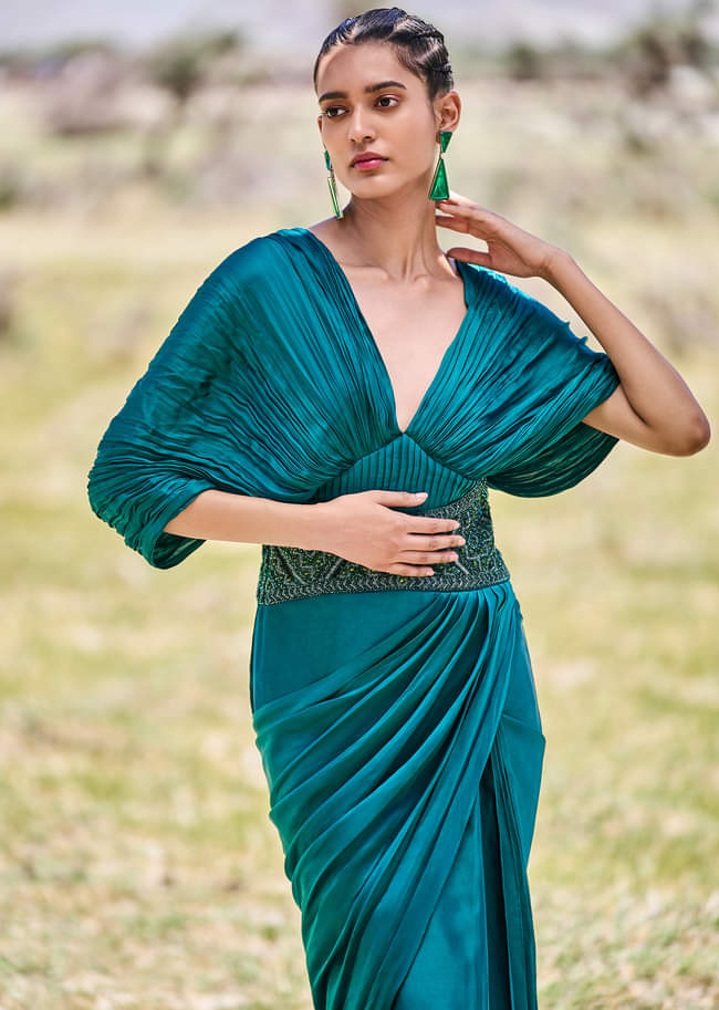 Peacock Green Embroidered Pre Draped Gown With Kimono Sleeves