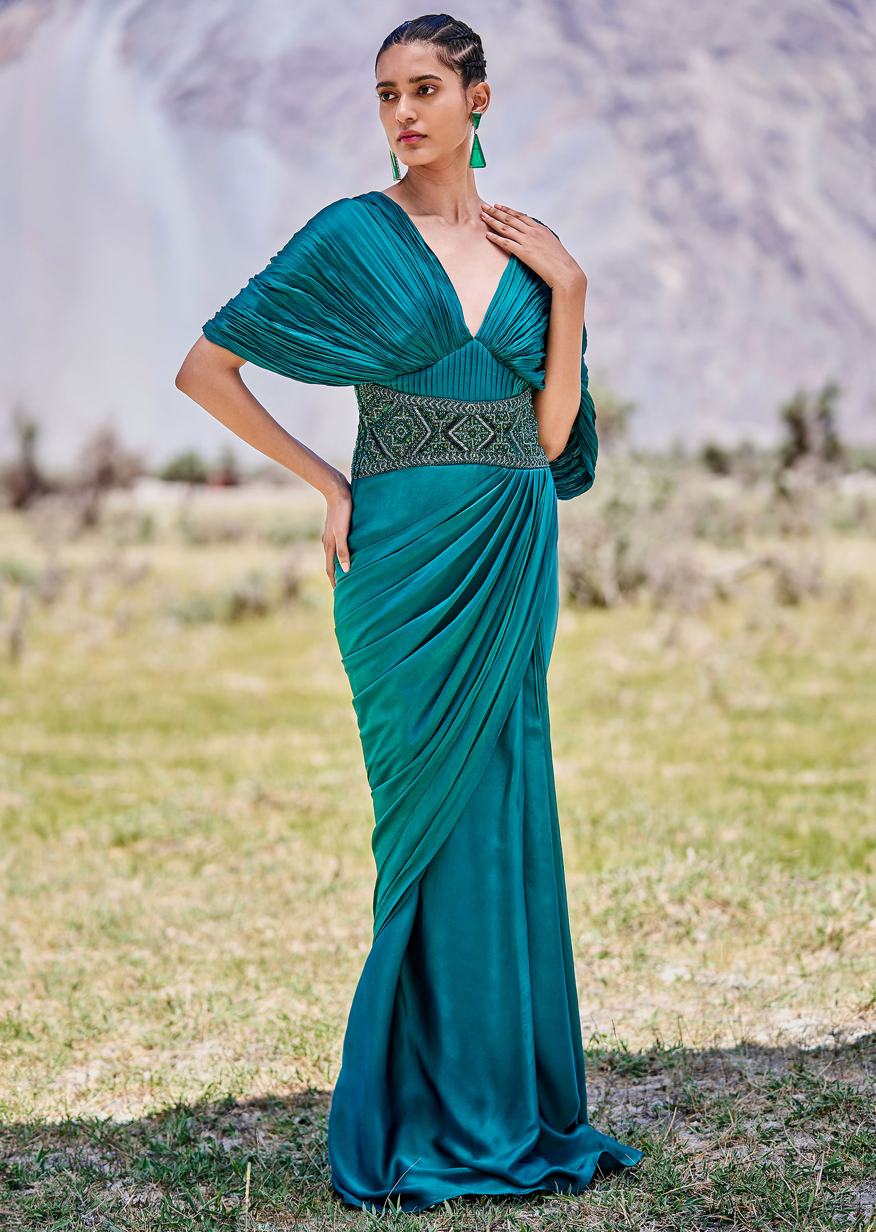 Buy Peacock Green Embroidered Pre Draped Gown With Kimono Sleeves KALKI Fashion Global