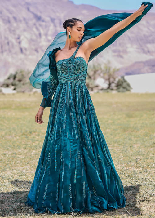 Buy Peacock Green Embroidered Circular Frill Gown With Long Trail