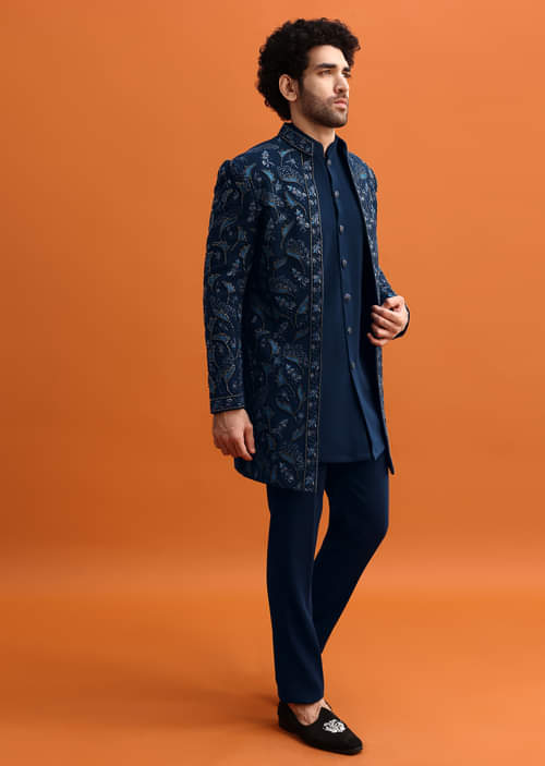 Man Indo Western Designer Suit Buy Navy Blue Indowestern Set With