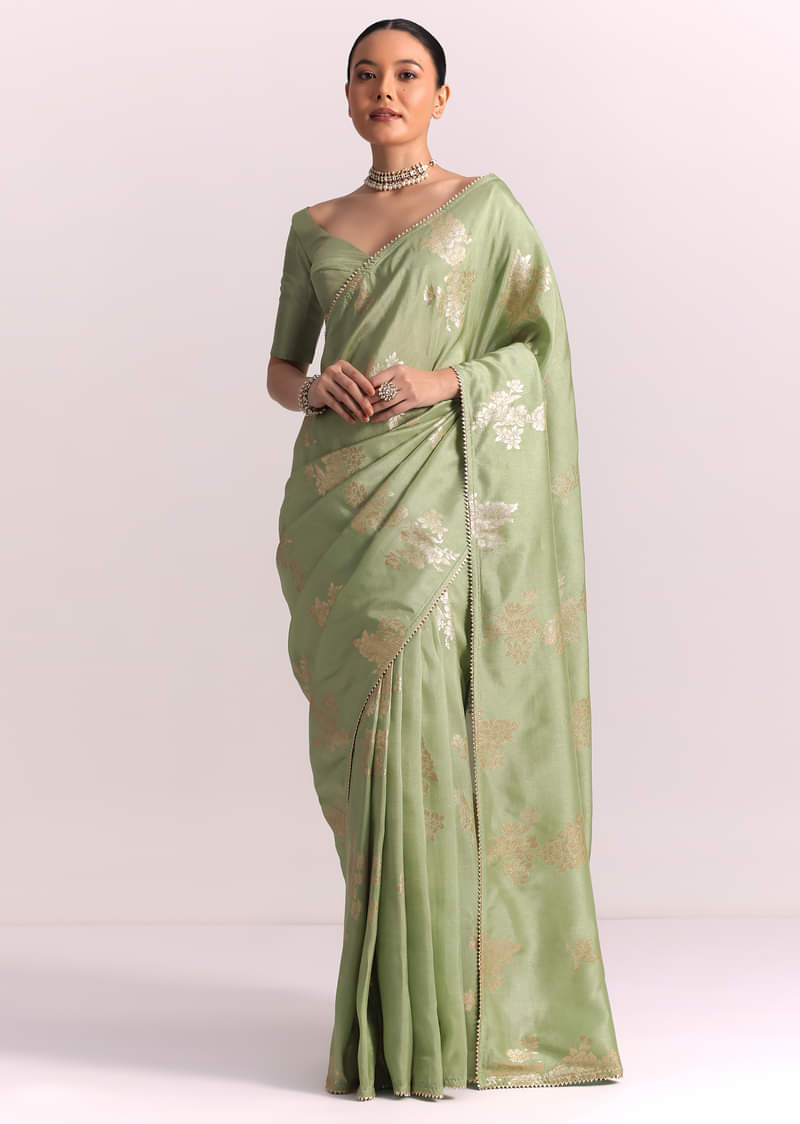 Pista Green Dola Silk Embroidered Saree With Gotta Patti and Lurex Work