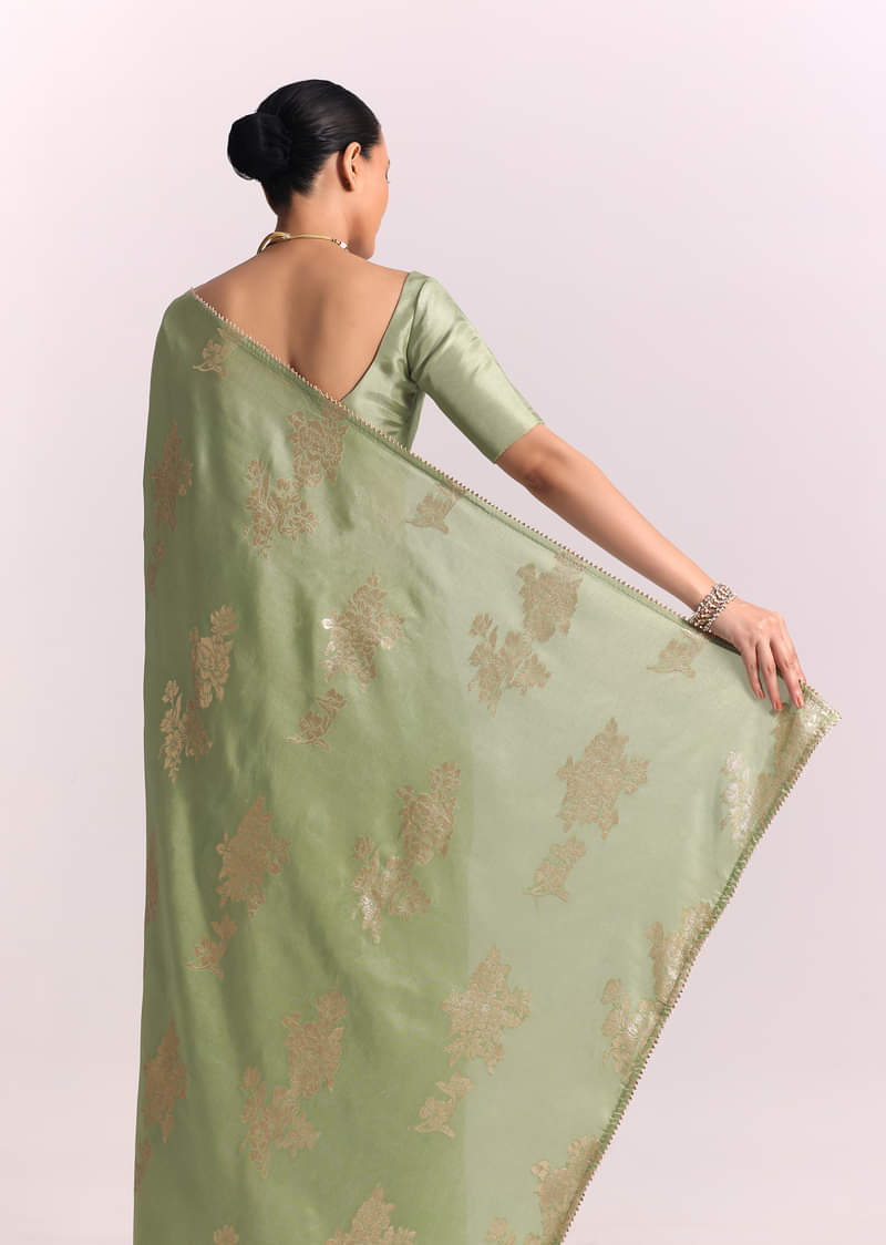 Pista Green Dola Silk Embroidered Saree With Gotta Patti and Lurex Work
