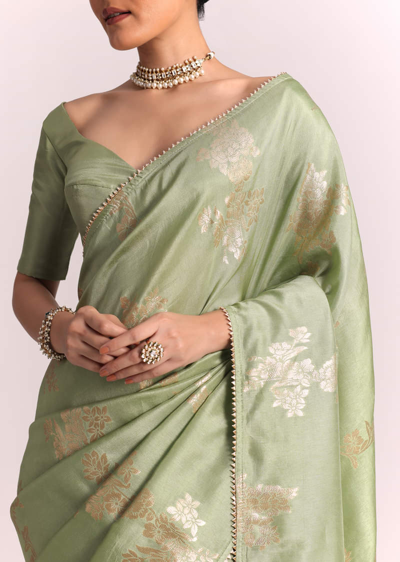Pista Green Dola Silk Embroidered Saree With Gotta Patti and Lurex Work