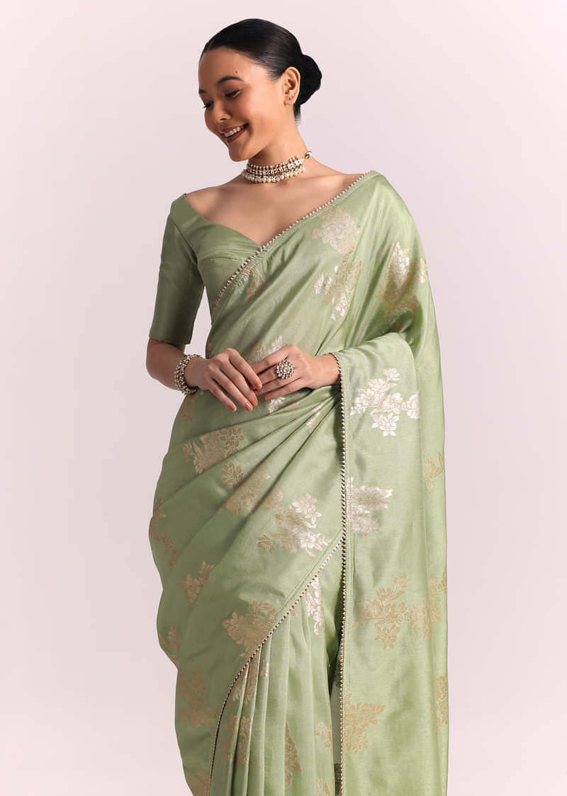 Pista Green Dola Silk Embroidered Saree With Gotta Patti and Lurex Work