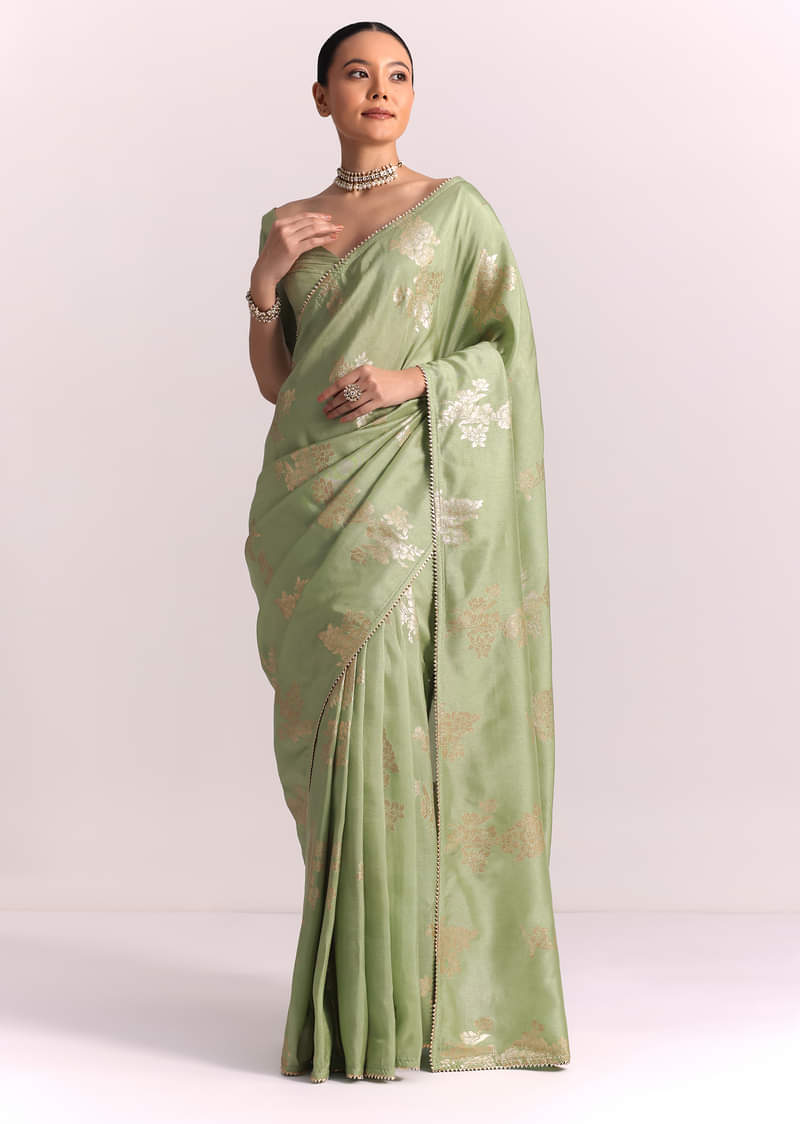 Pista Green Dola Silk Embroidered Saree With Gotta Patti and Lurex Work