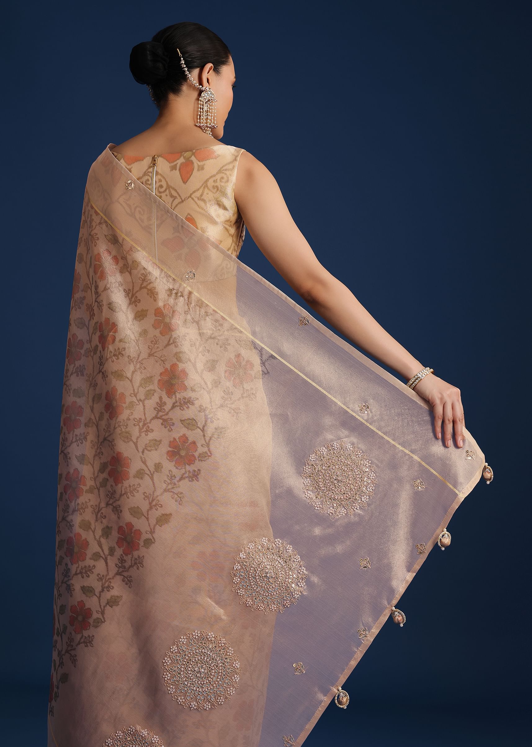 口コミ・レビューで人気商品を探そう Buy Zardosi with Saree Print Floral Chanderi Tissue Beige その他