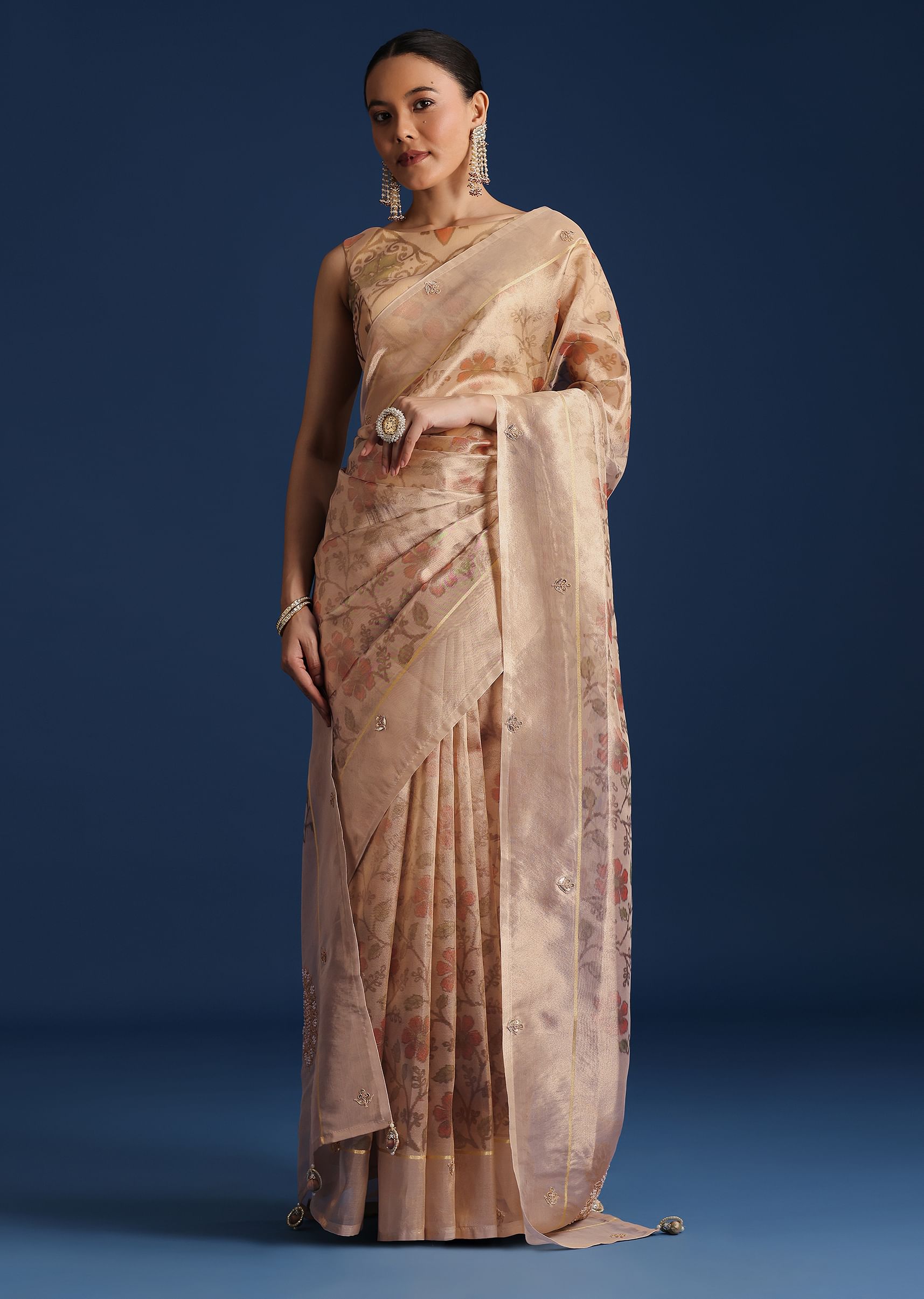人気の Buy Beige Zardosi with Saree Print Floral Chanderi Tissue その他