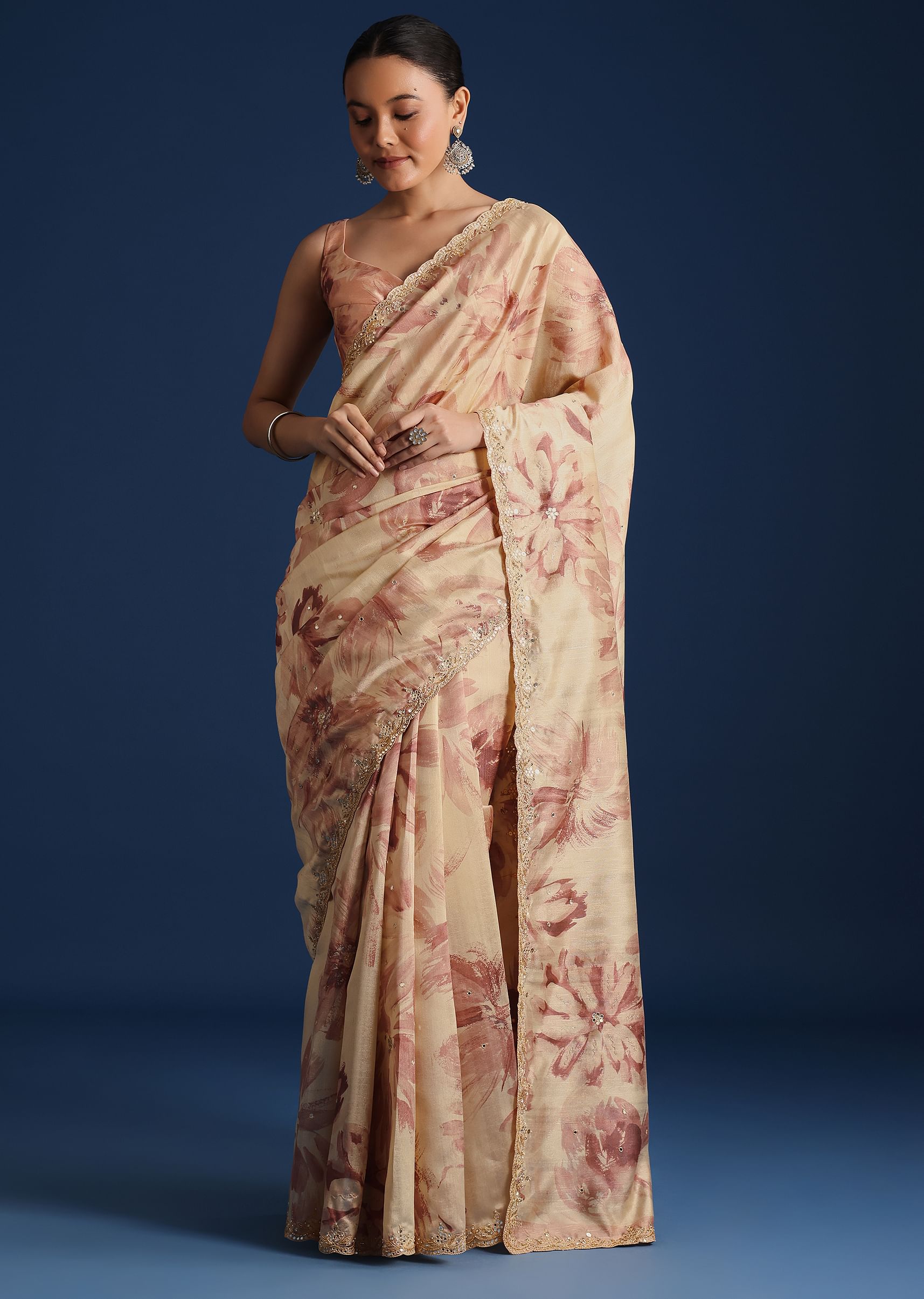 Buy Peach Tussar Silk Floral Printed Saree With Mirror