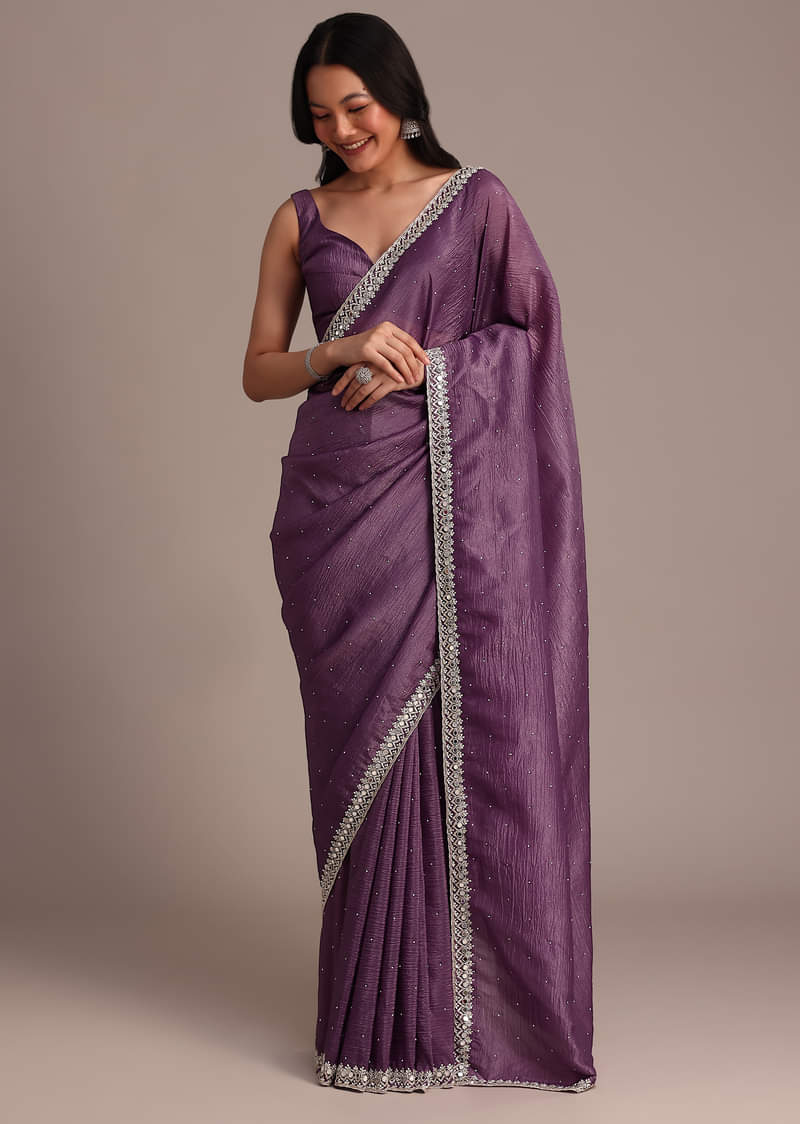 Buy Purple Crushed Tissue Saree With Mirror And Cutdana