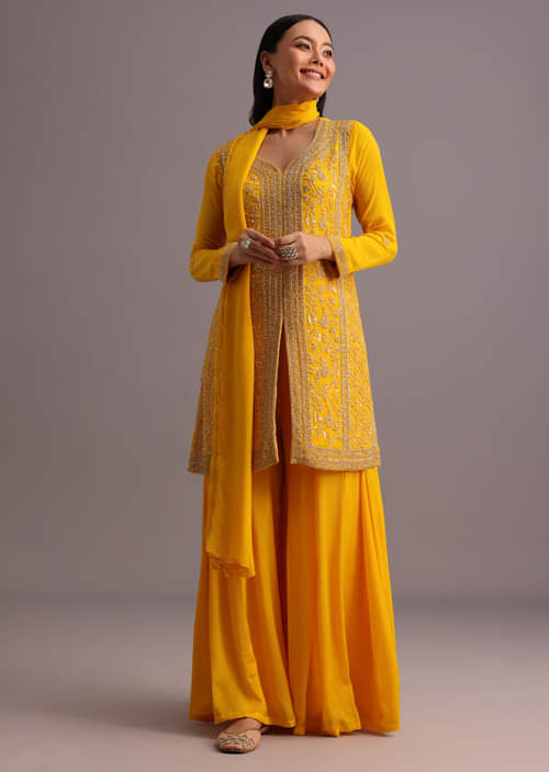 Buy Yellow Cutdana Kurti Palazzo Suit With Dupatta